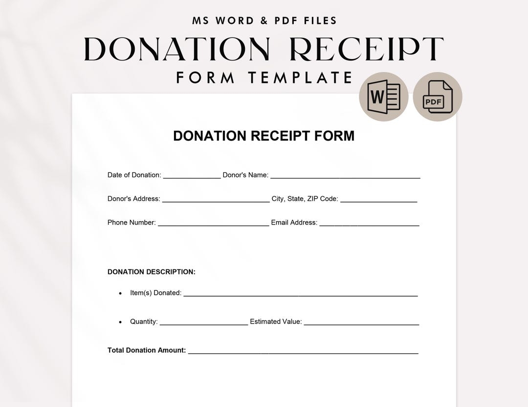 Printable Donation Receipt Template Charity U0026 Nonprofit Form PDF U0026 Word Etsy