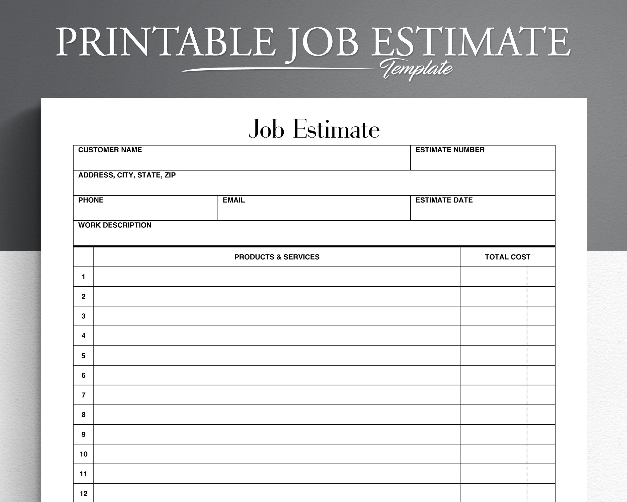 Printable Estimate Form Business Job Estimate Easy And Simple Job Estimate Form Job Proposal Template Etsy