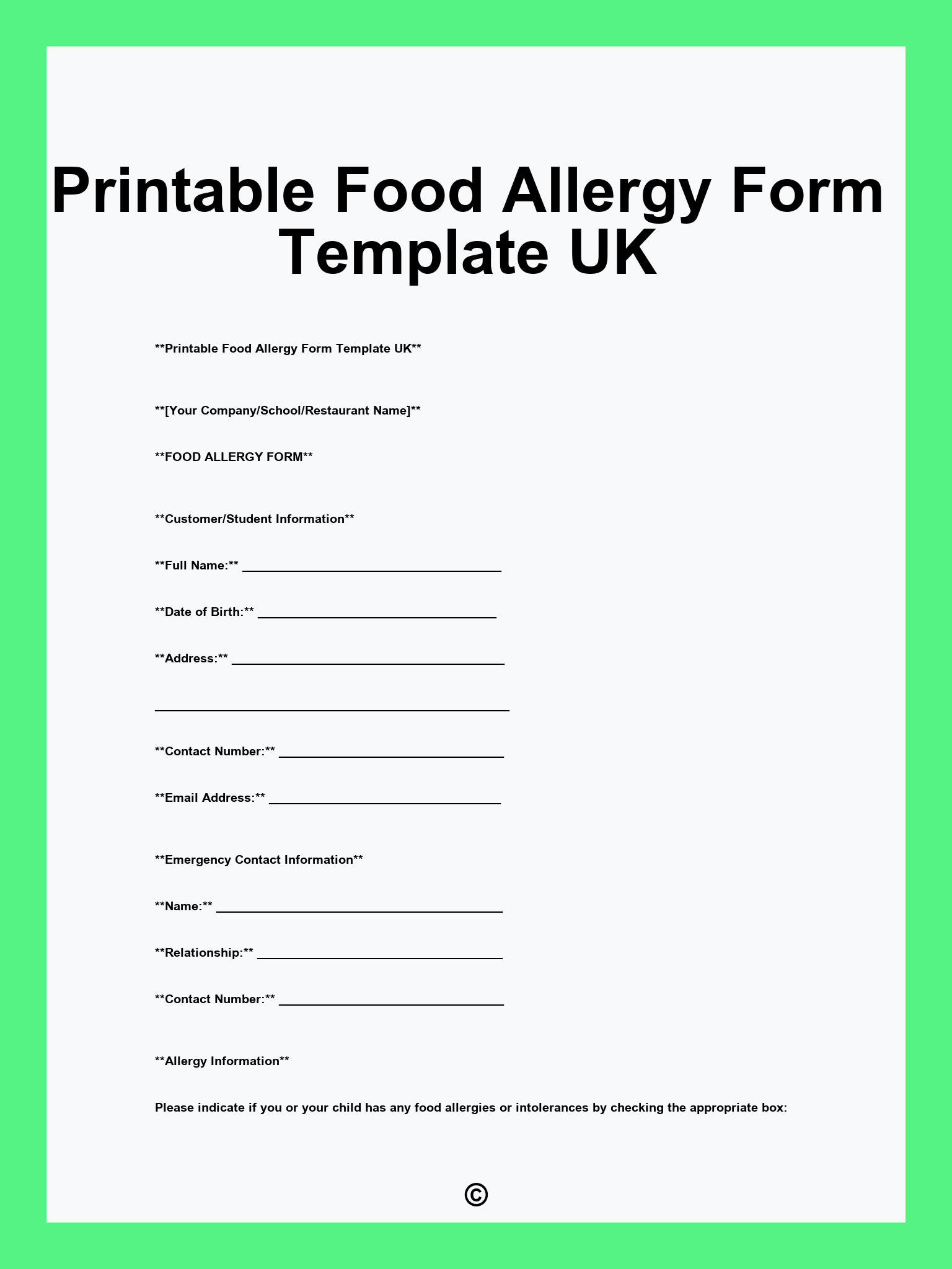 Printable Food Allergy Form Template UK
