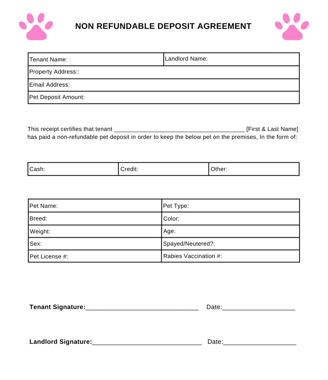 Printable Non refundable Pet Deposit For Breeders Editable Personalized Non Refundable Deposit Agreement PDF Digital Download Etsy