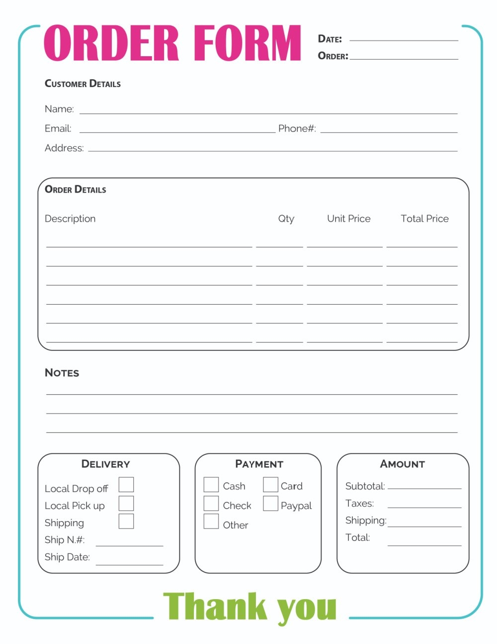 Printable Order Form Template 2 Options 