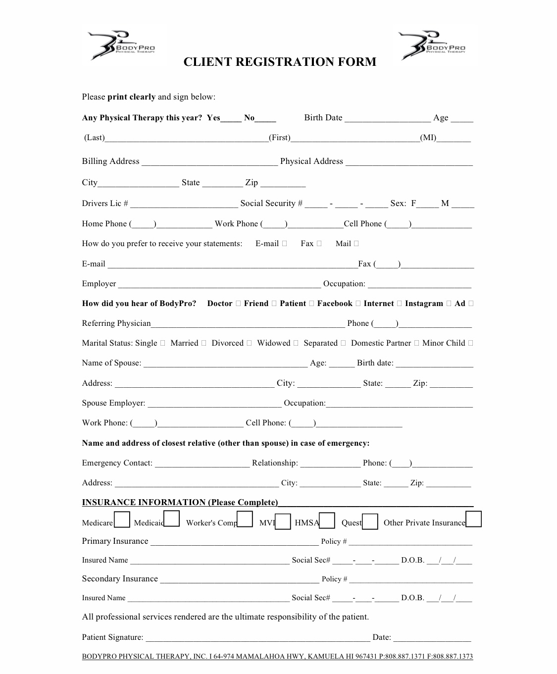 Printable Patient Registration Form BodyPro Physical Therapy