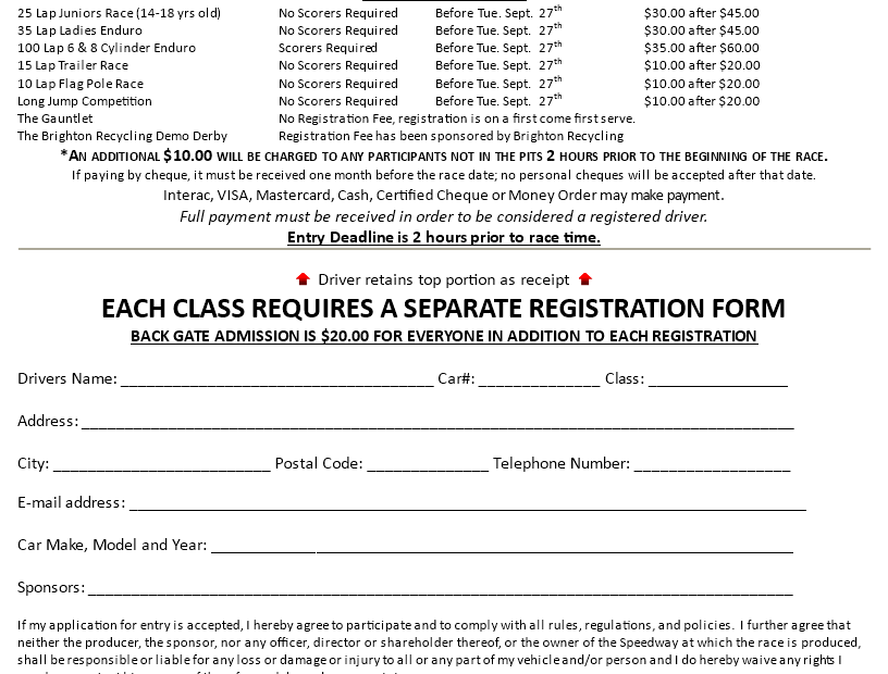 Printable Race Registration Form Per Class Templates At
