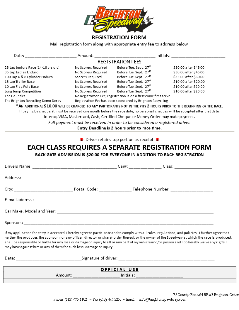 Printable Race Registration Form Per Class Templates At Allbusinesstemplates
