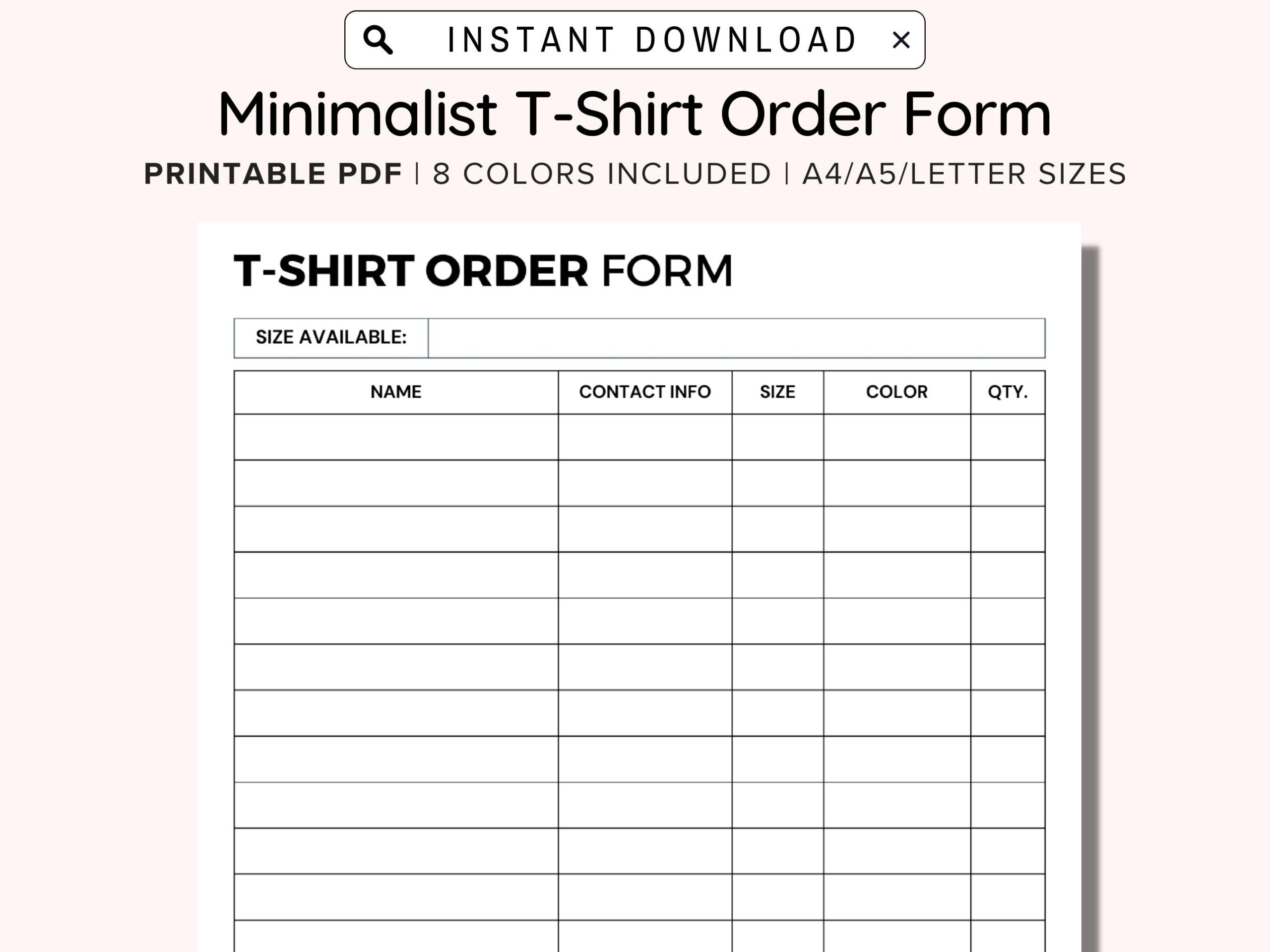 Printable T Shirt Order Form Template Editable Order Form 
