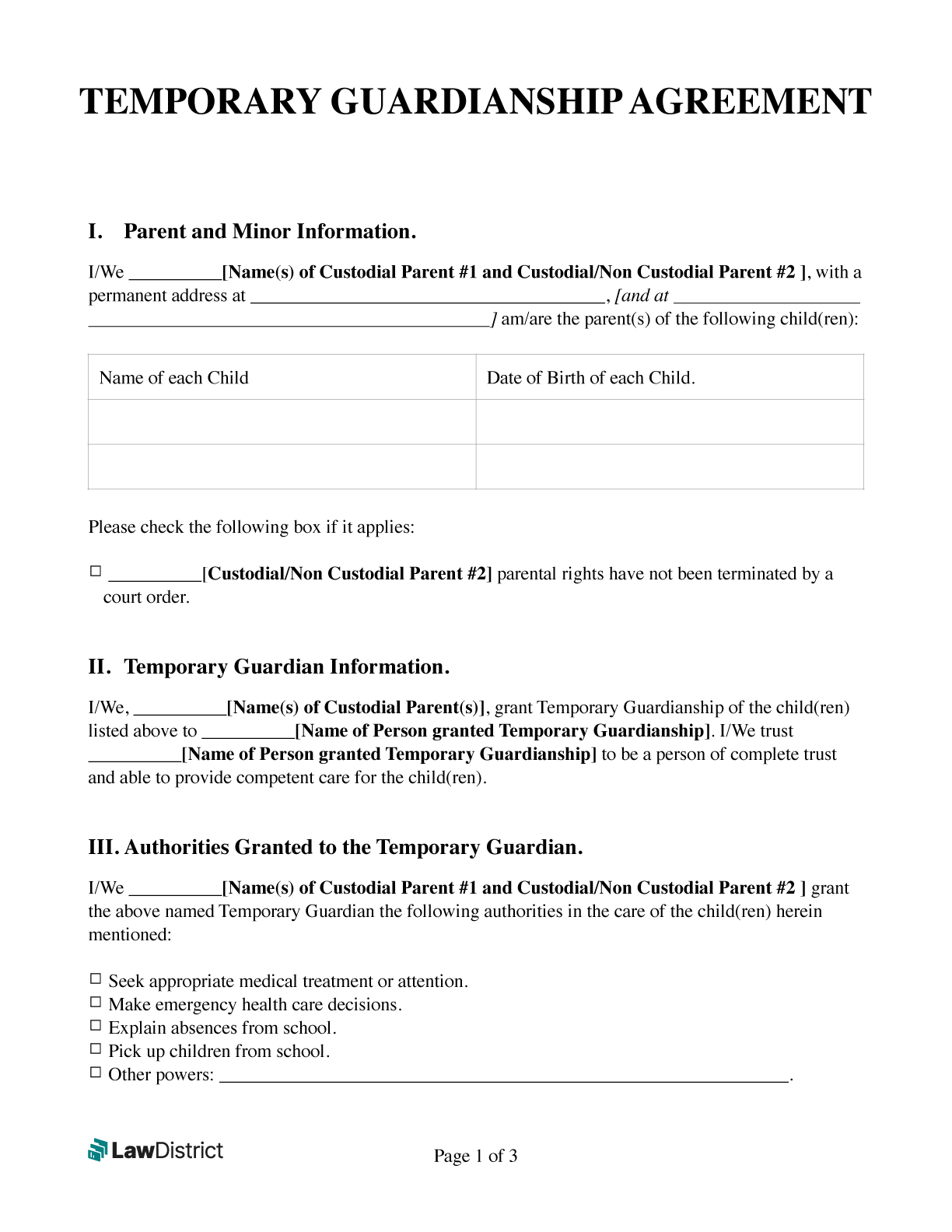 Printable Temporary Guardianship Form Free PDF U0026 Word LawDistrict