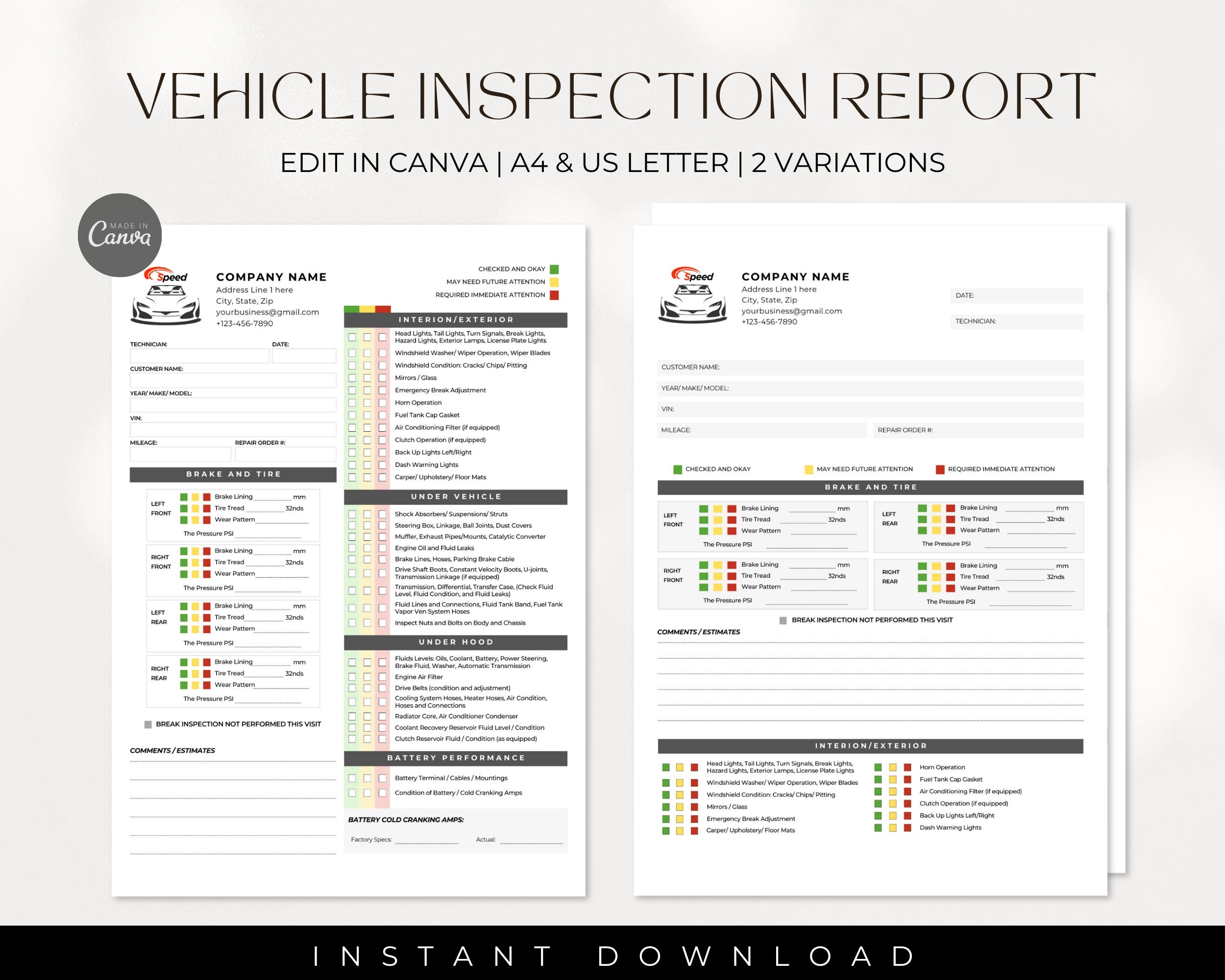 Printable Vehicle Inspection Report CANVA Template Editable Car 