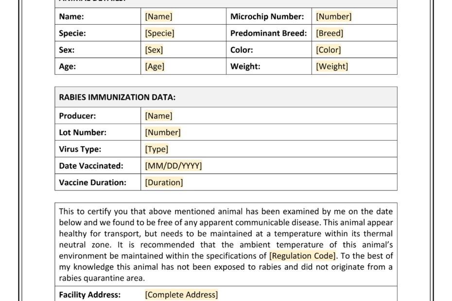Printable Veterinary Health Certificate Form Word PDF Docs