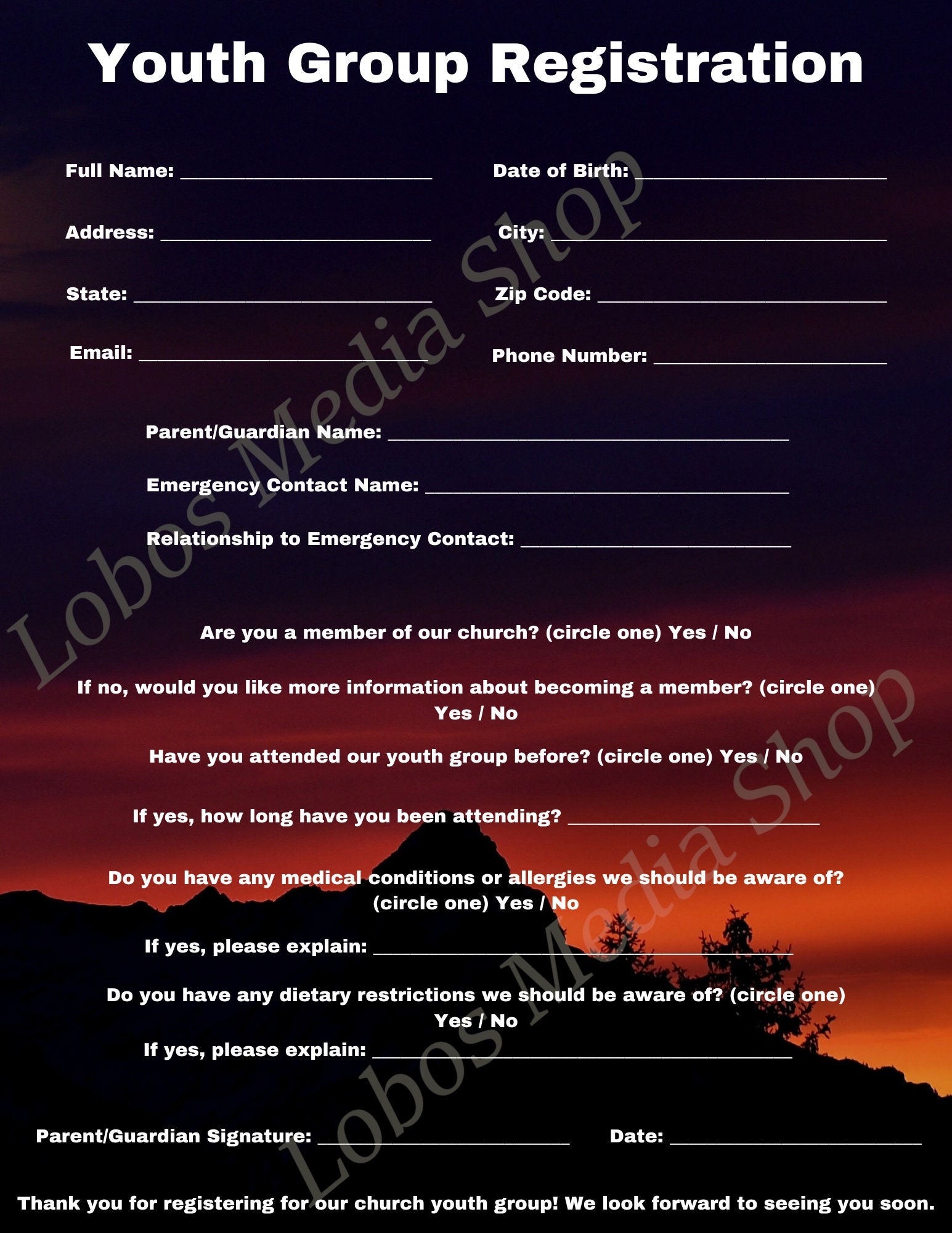 Printable Youth Group Registration Form Template Easy To Customize With Canva And Print ready For Churches And Community Organizations Etsy