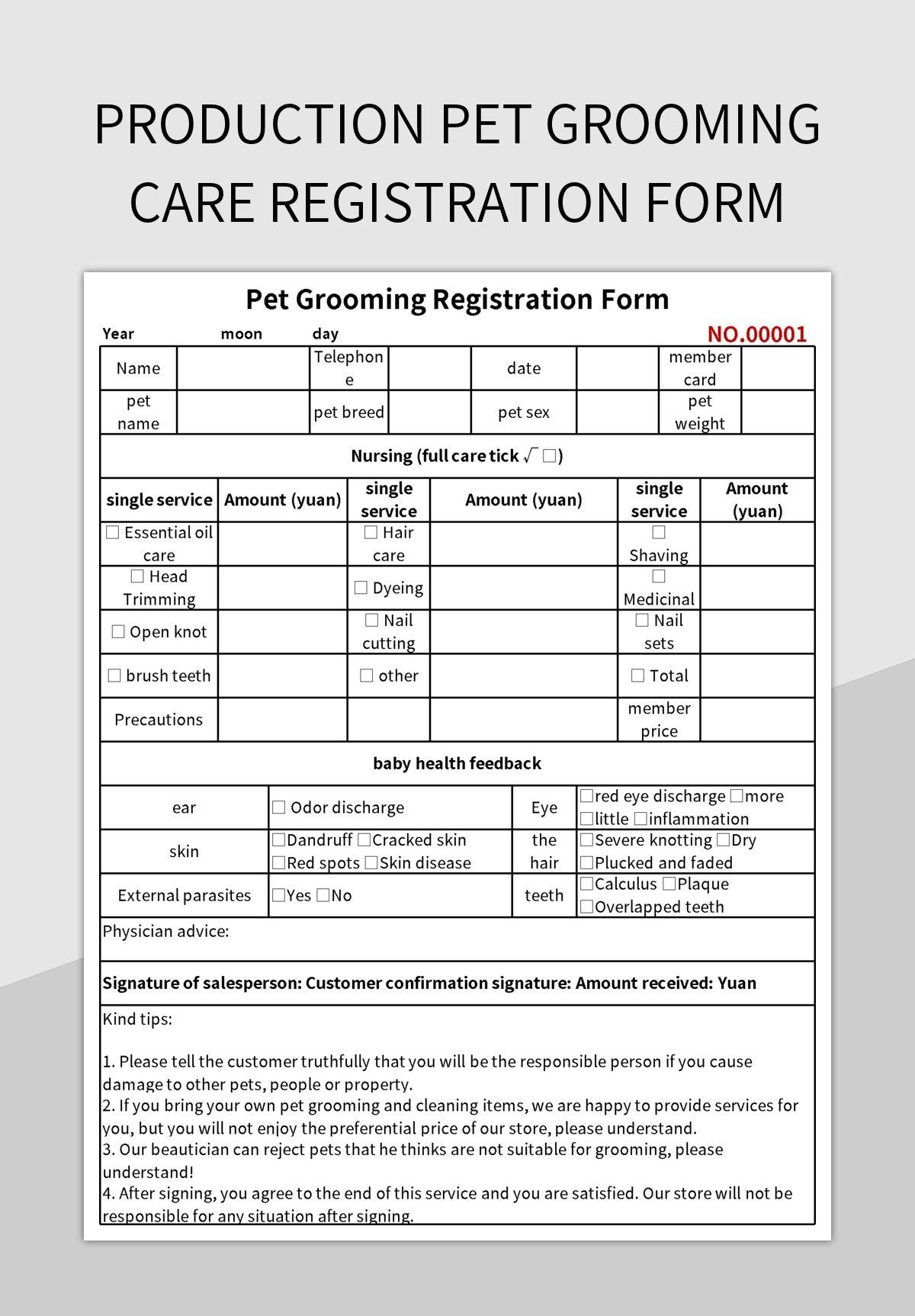 Production Pet Grooming Care Registration Form Excel Template And 