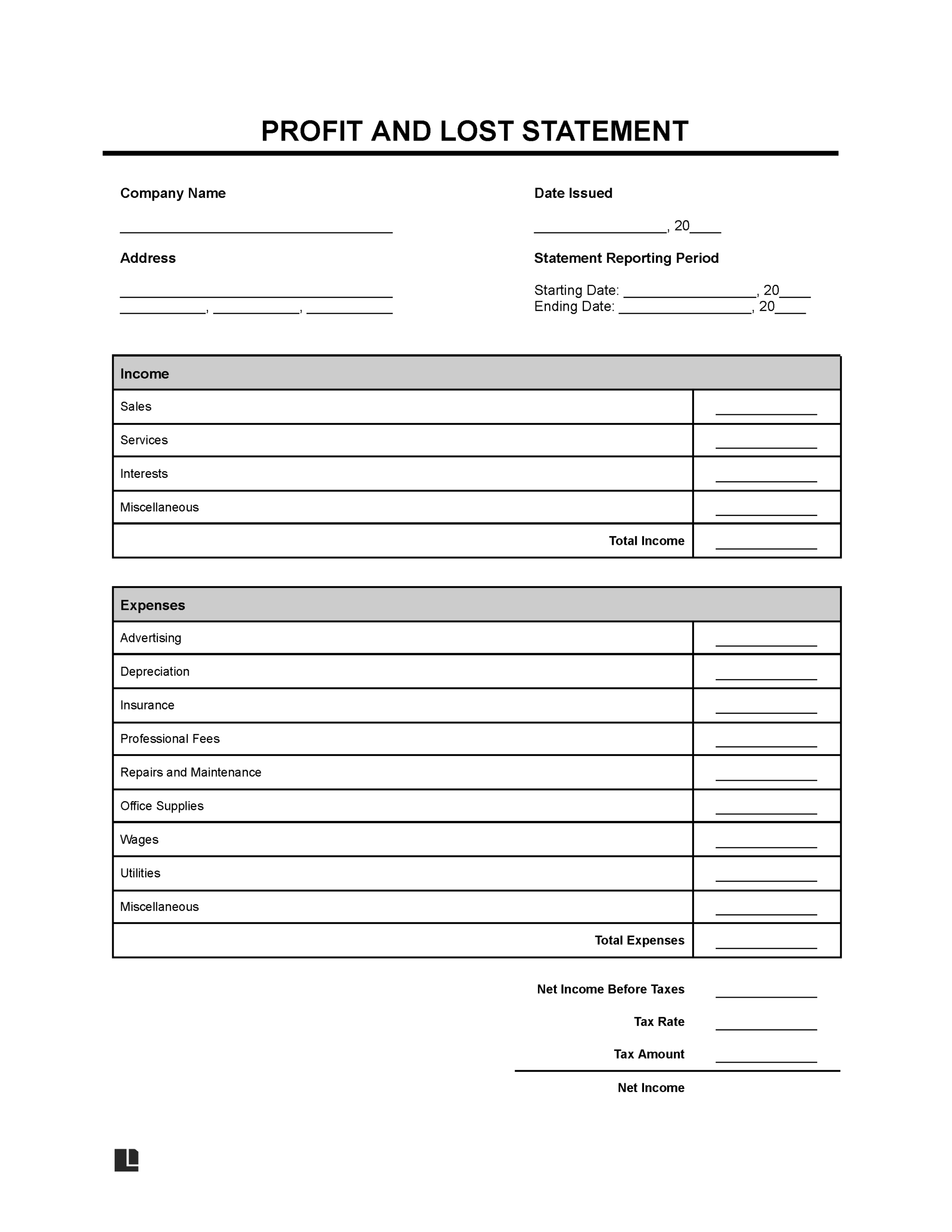 Profit And Loss Statement Template Fill Online Download U0026 Print