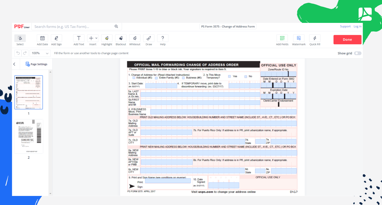 PS Form 3575 Change Of Address Blank Sign Forms Online PDFliner