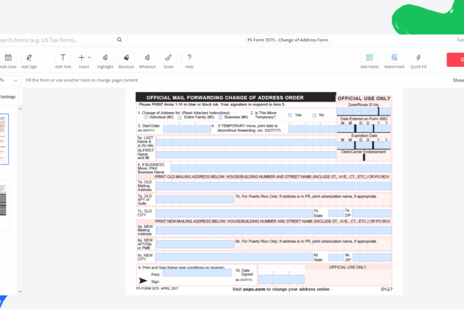 PS Form 3575 Change Of Address Blank Sign Forms Online PDFliner