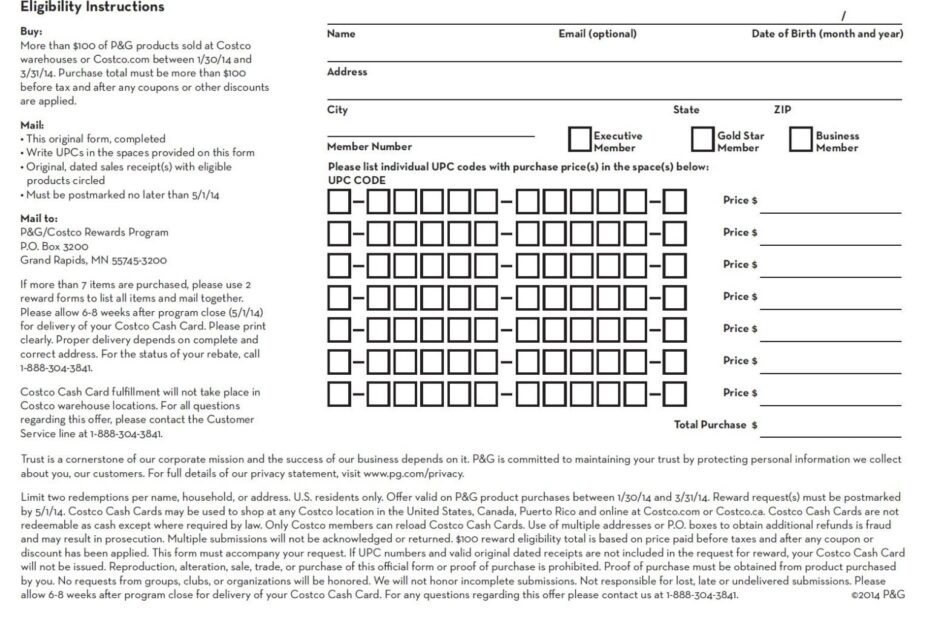 Pu0026G Rebate Form Form