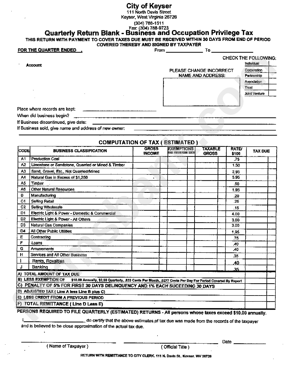 Quarterly Return Blank Business And Occupation Privilege Tax City Of Keyser West Virginia Printable Pdf Download