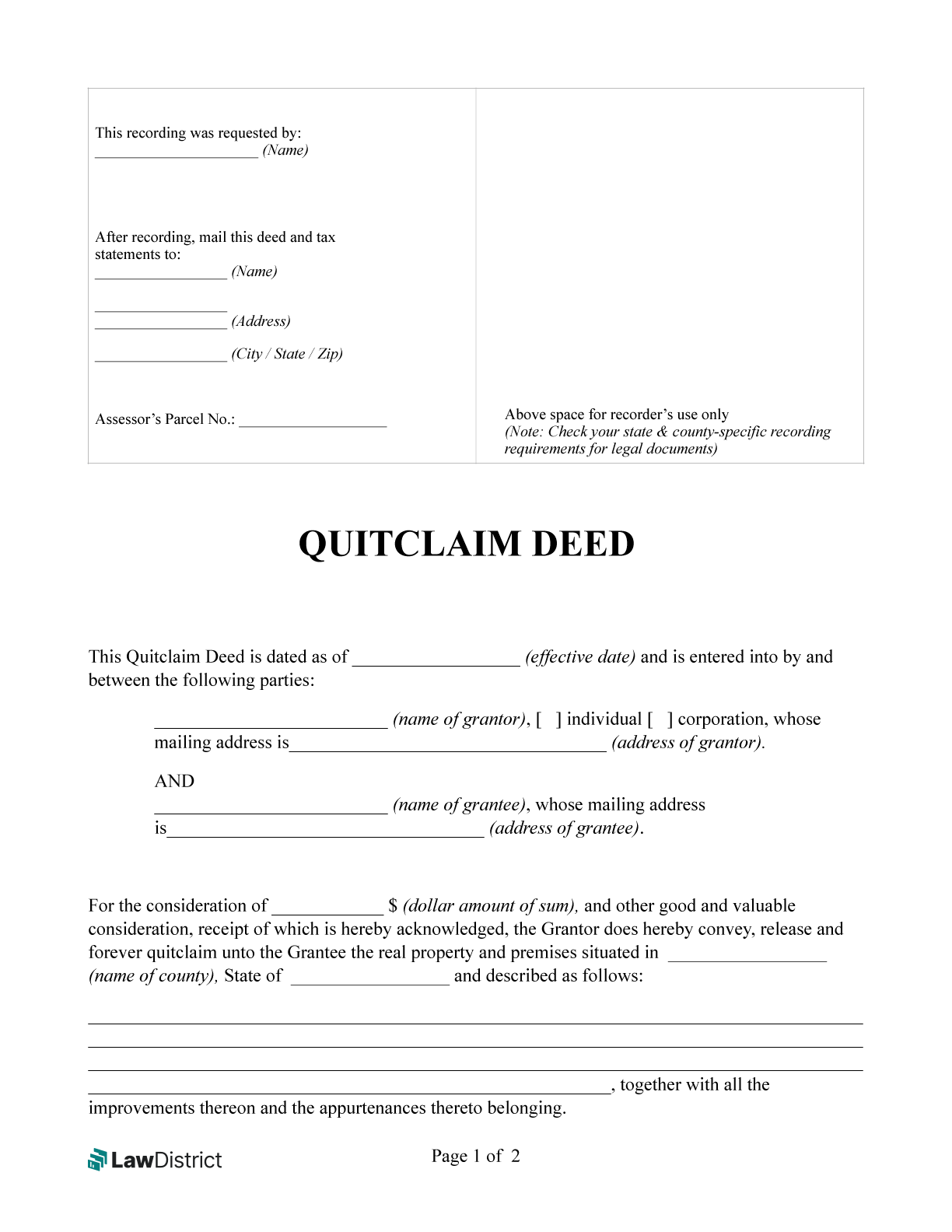 Quitclaim Deed For All US States PDF U0026 Sample LawDistrict