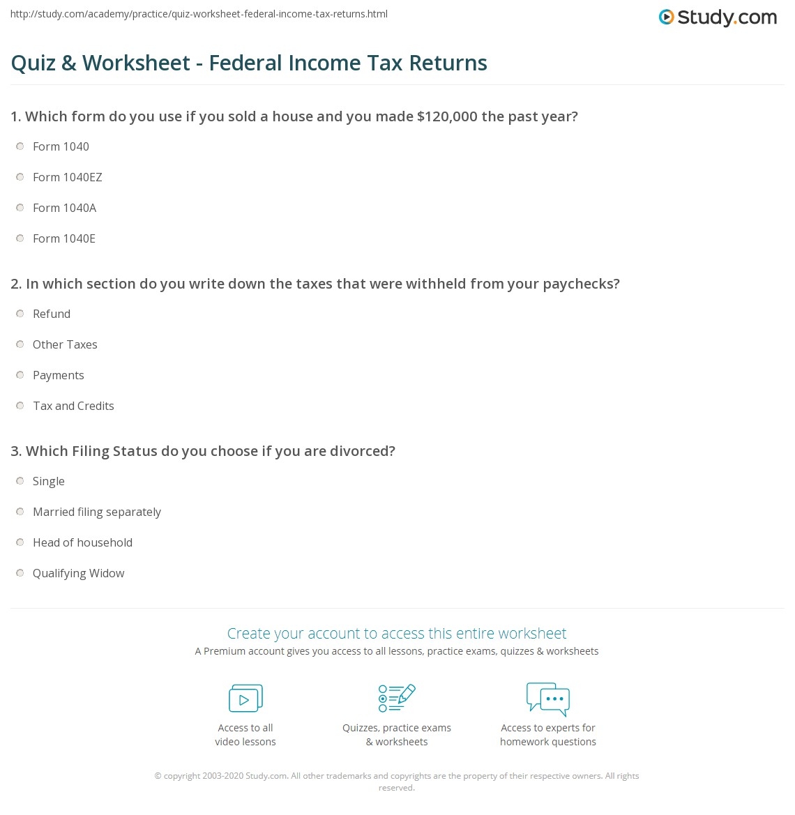 Quiz U0026 Worksheet Federal Income Tax Returns Study
