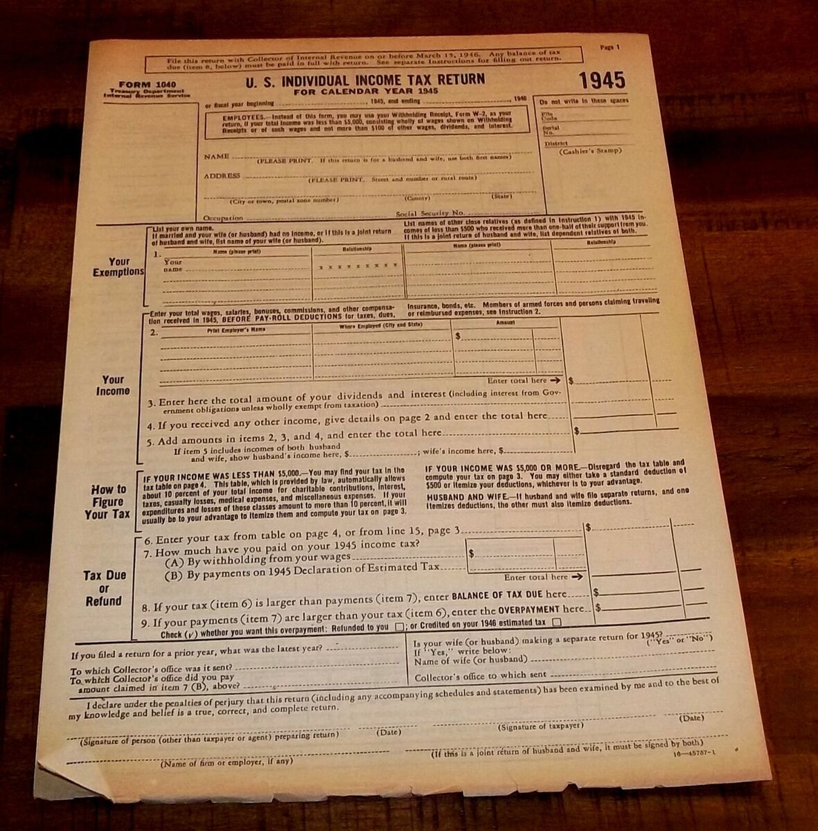 Rare Blank Unused 1945 IRS 1040 Income Tax Form Four Pages FREE USA Shipping