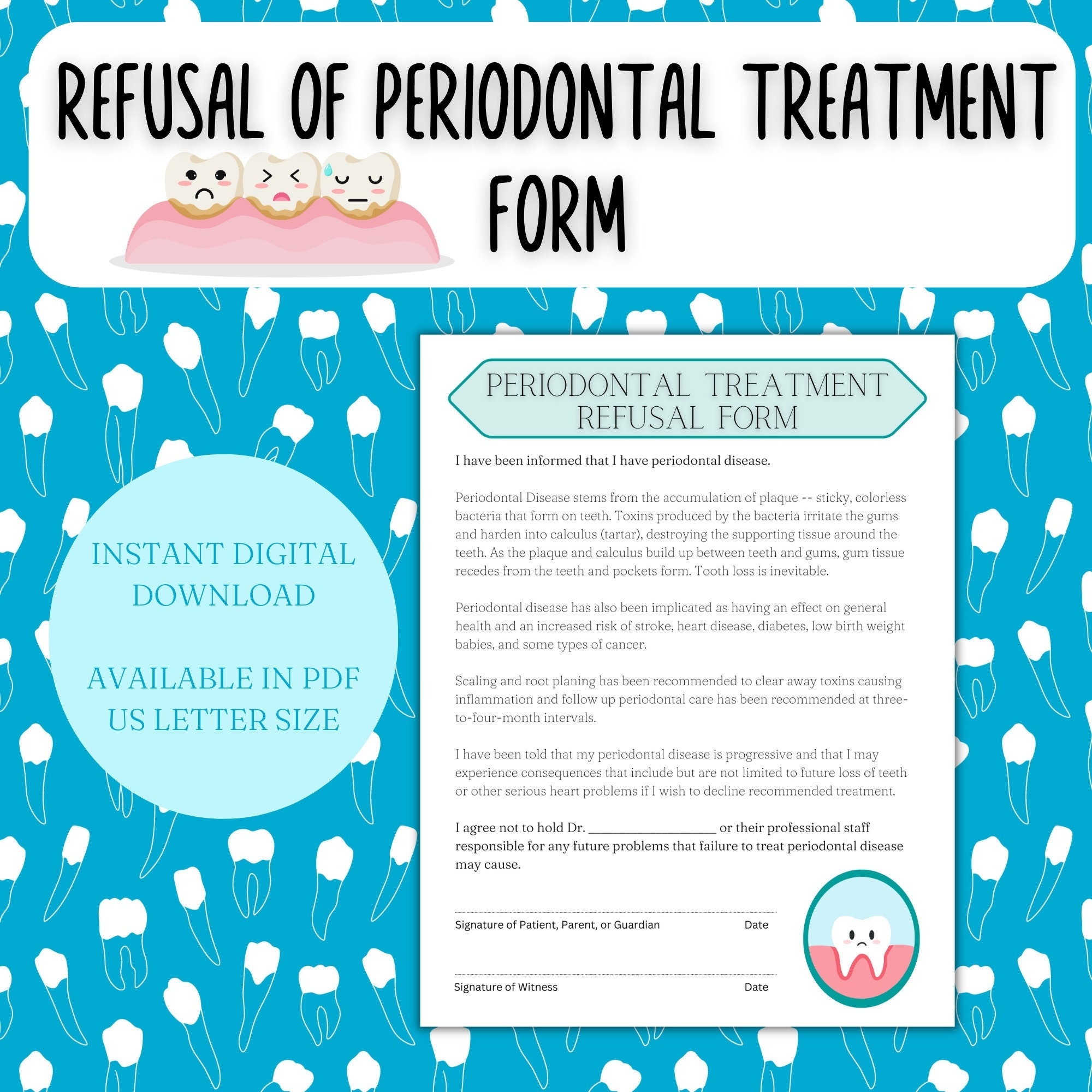 Refusal Of Periodontal Treatment Form For Dental Office Digital Download Printable