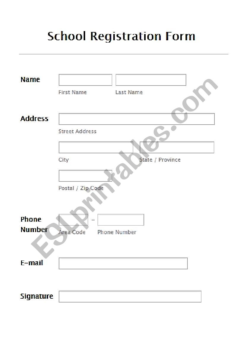 Registration Form ESL Worksheet By Jenniferbjensen