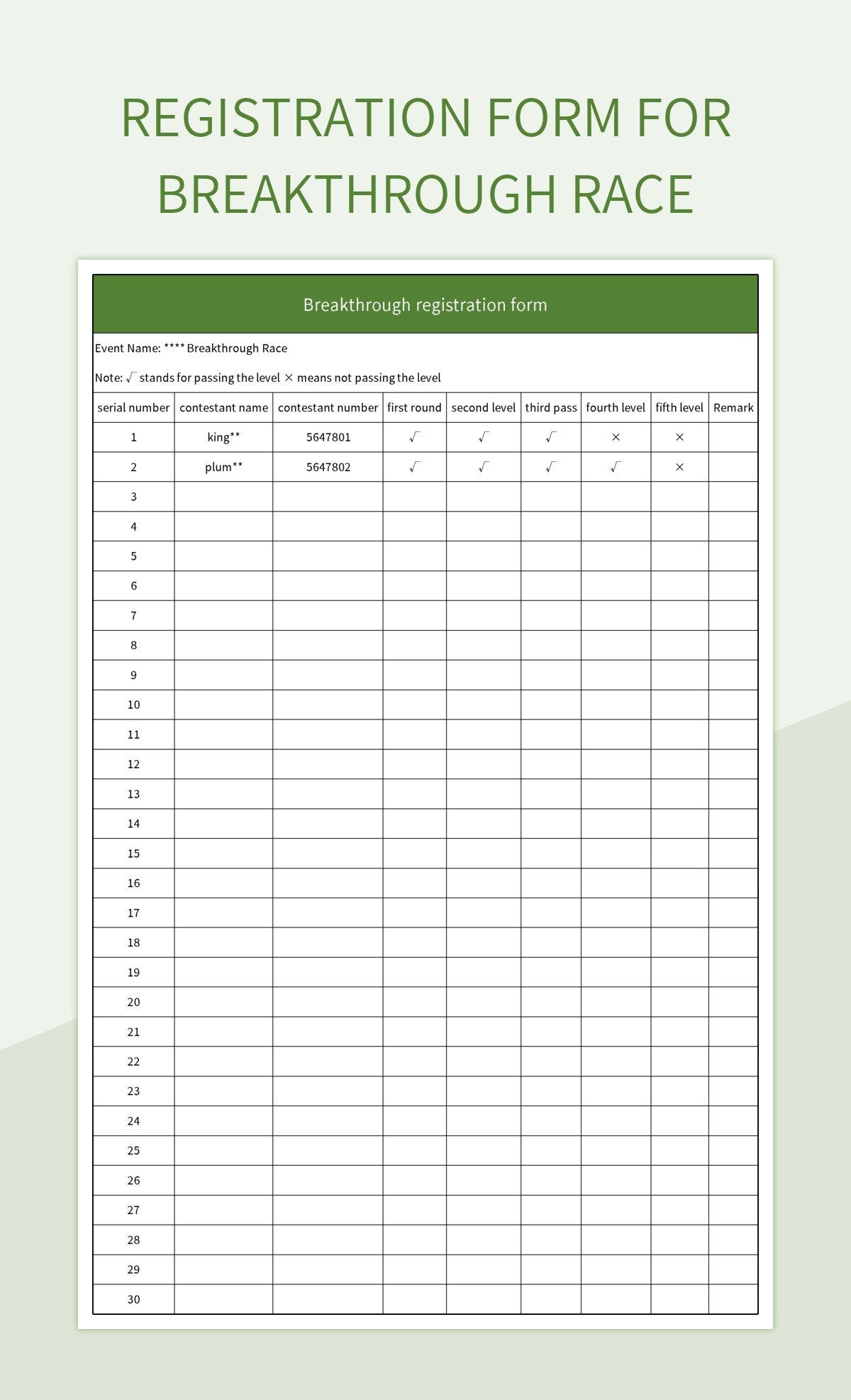 Registration Form For Breakthrough Race Excel Template And Google 