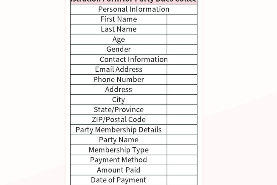 Registration Form For Collection Of Party Dues Excel Template And Google Sheets File For Free Download Slidesdocs
