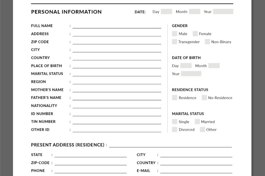 Registration Form Layout Template Document Form Template Application Form Template Personal Data Form Template InDesign A4 US