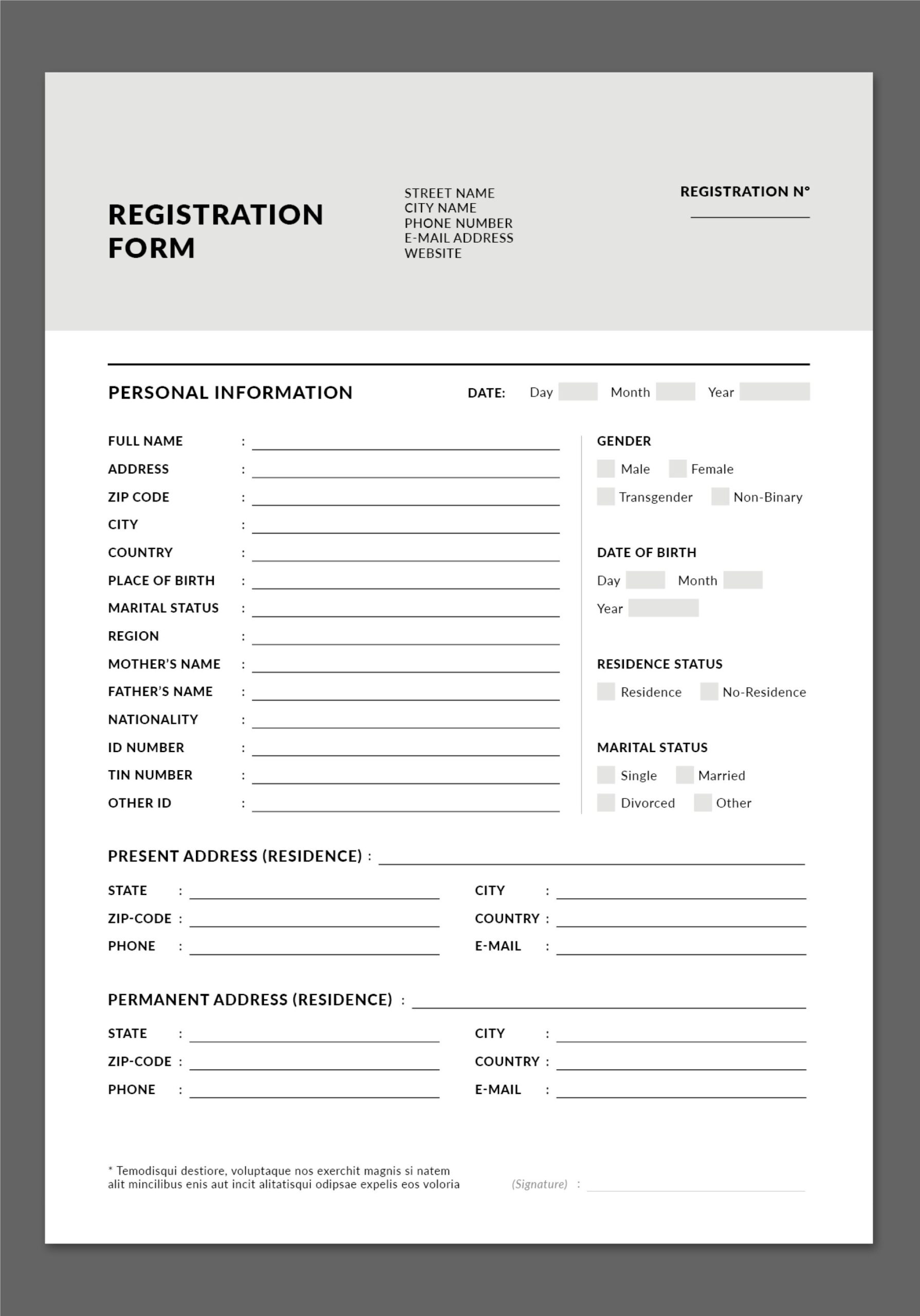 Registration Form Layout Template Document Form Template Application Form Template Personal Data Form Template InDesign A4 US