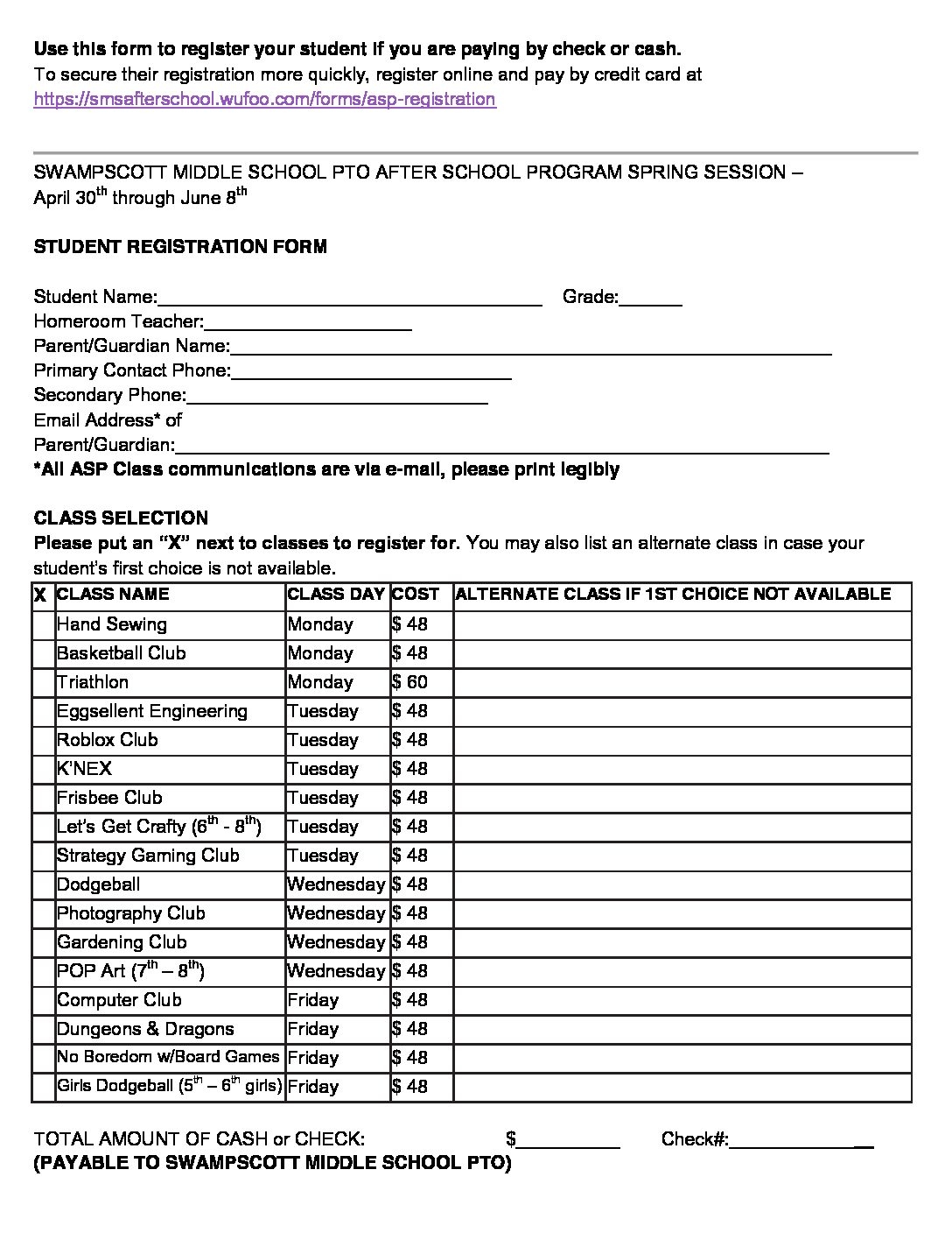 Registration Form SP18 Swampscott Middle School