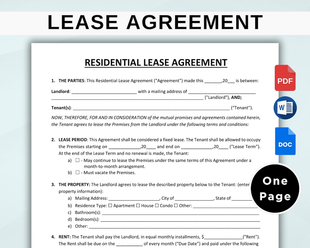 Rental Agreement Template Editable Simple One Page Lease Agreement Landlord Forms Residential Housing Agreement PDF Google Docs Word Etsy