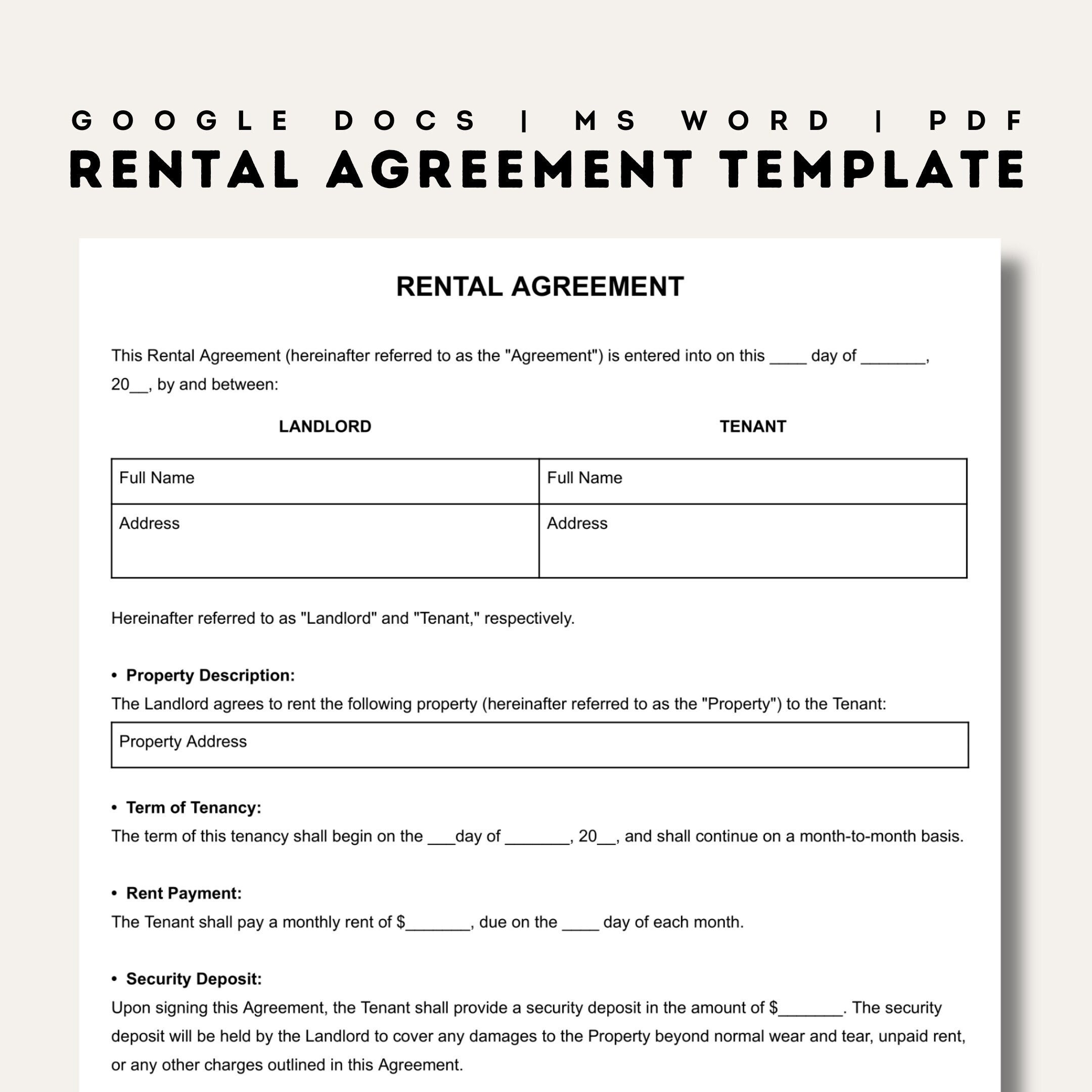 Rental Agreement Templates Simple Editable Rental Agreements Form Printable Lease Fillable Rent Contract Google Docs Word PDF Etsy UK