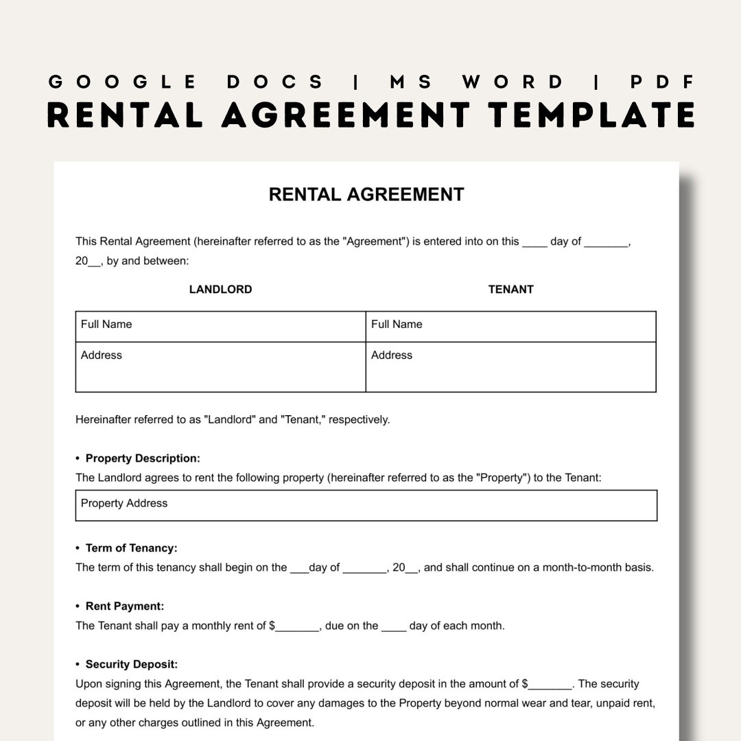 Rental Agreement Templates Simple Editable Rental Agreements Form Printable Lease Fillable Rent Contract Google Docs Word PDF Etsy