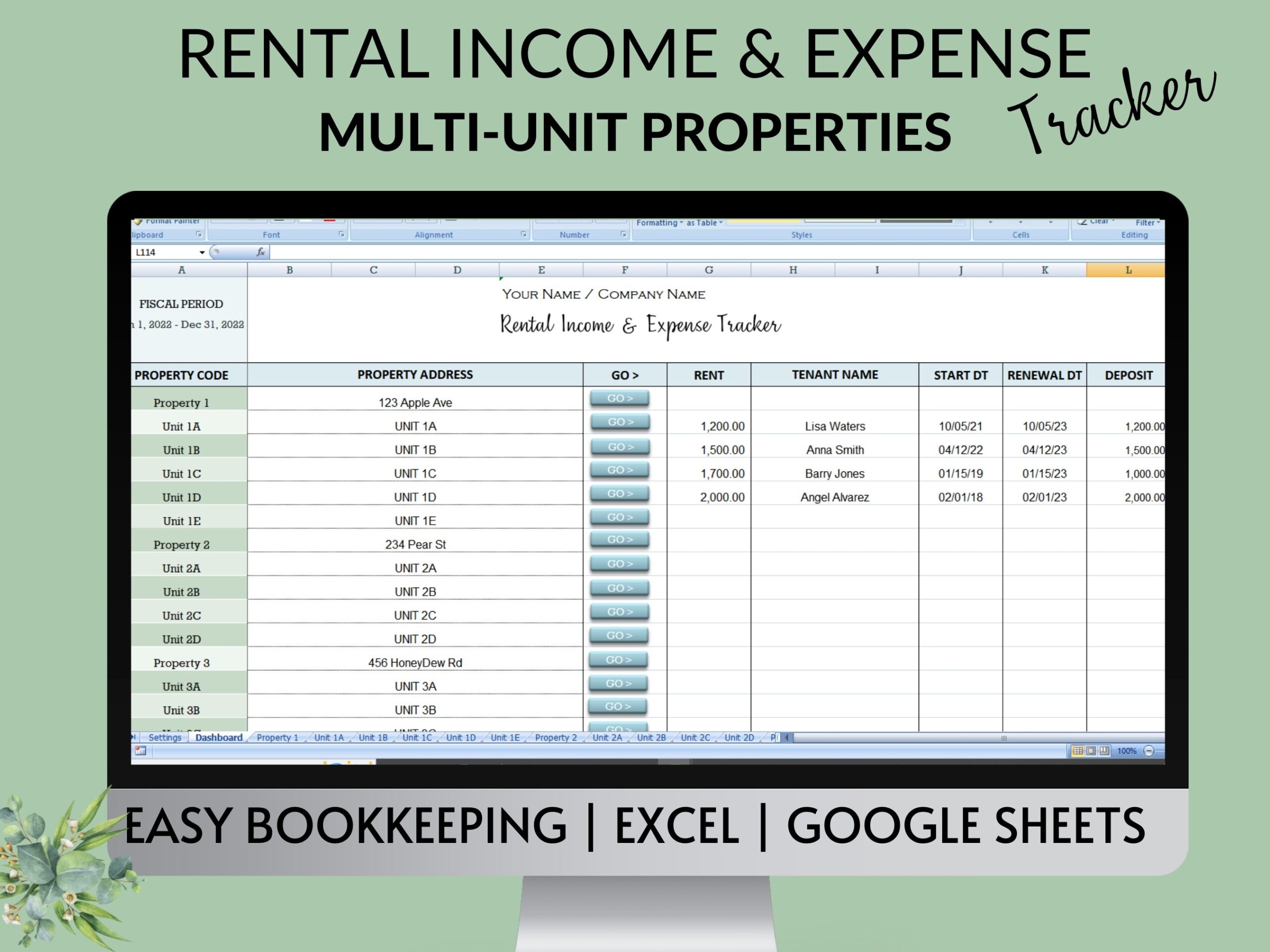 Rental Income Expense Tracker Bookkeeping Landlord Multi Unit Property