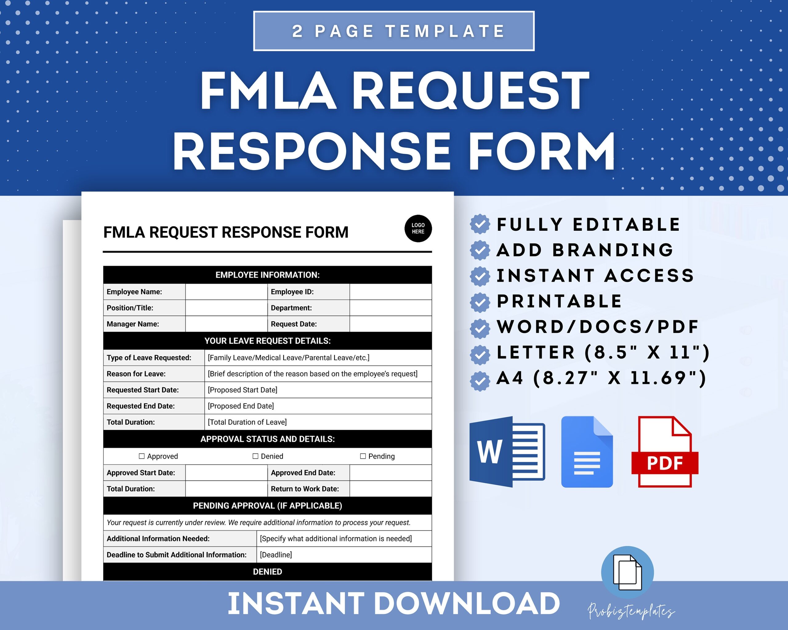 Response To Employee Request For Family Or Medical Leave Form Template FMLA Leave Response Form Employee Leave Request Response Form Etsy