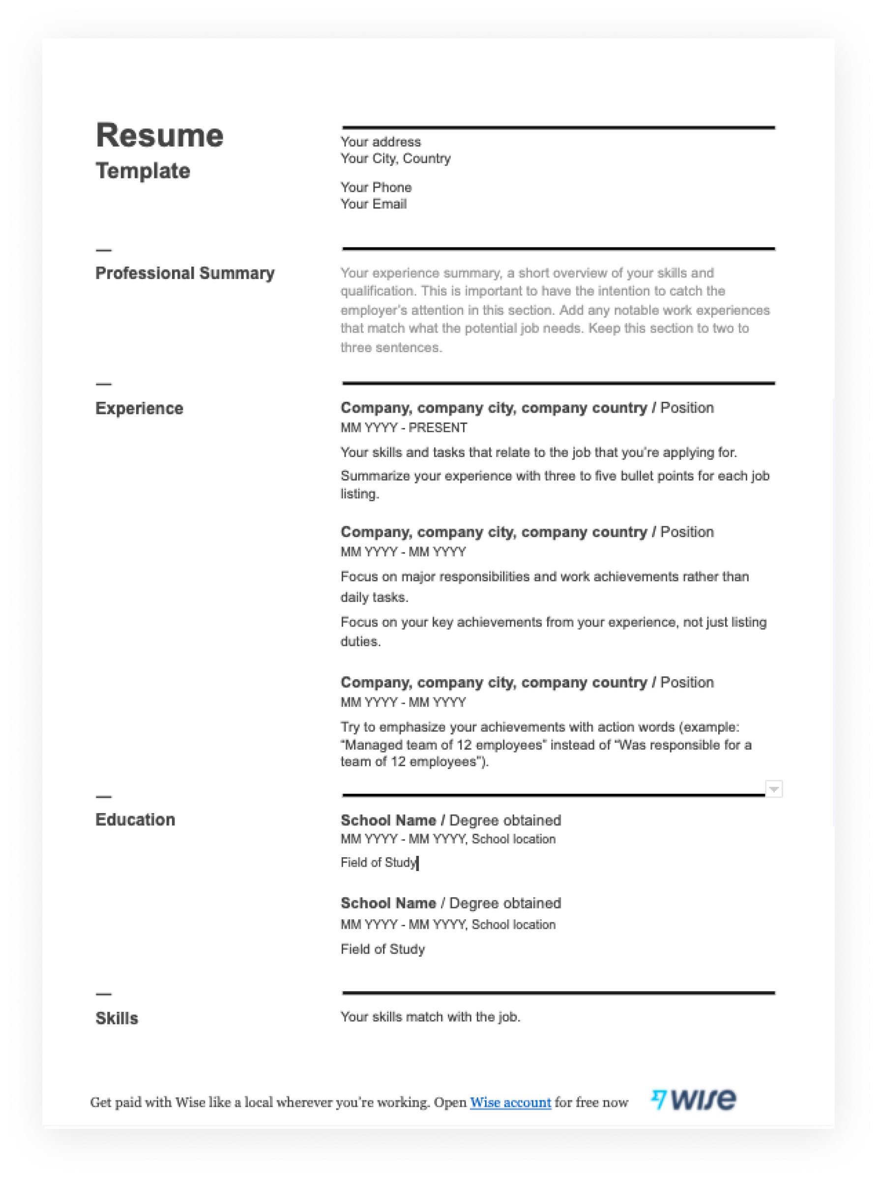 Resume Templates In PDF Free For Download Wise