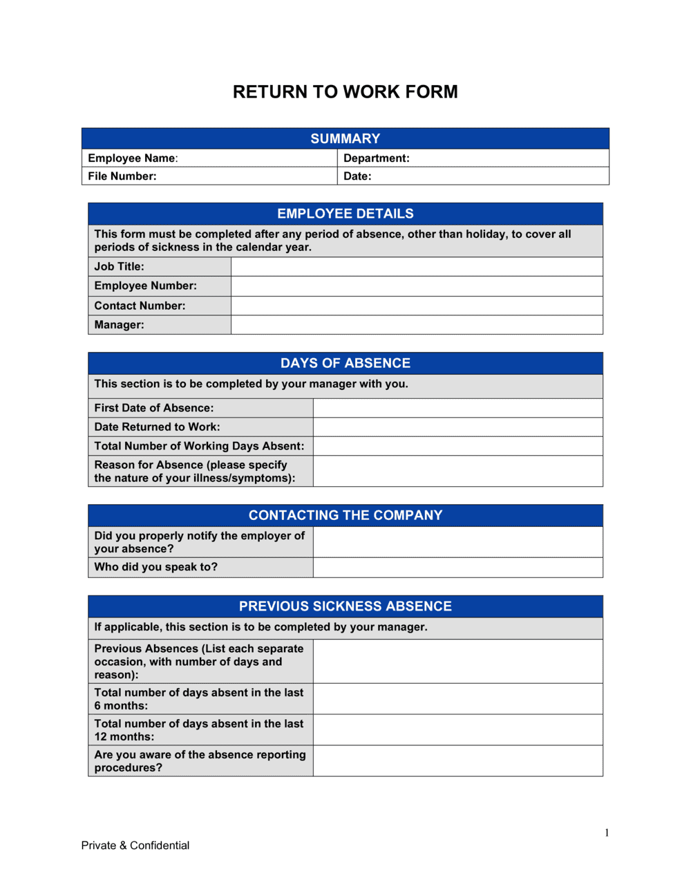 Return To Work Form Template