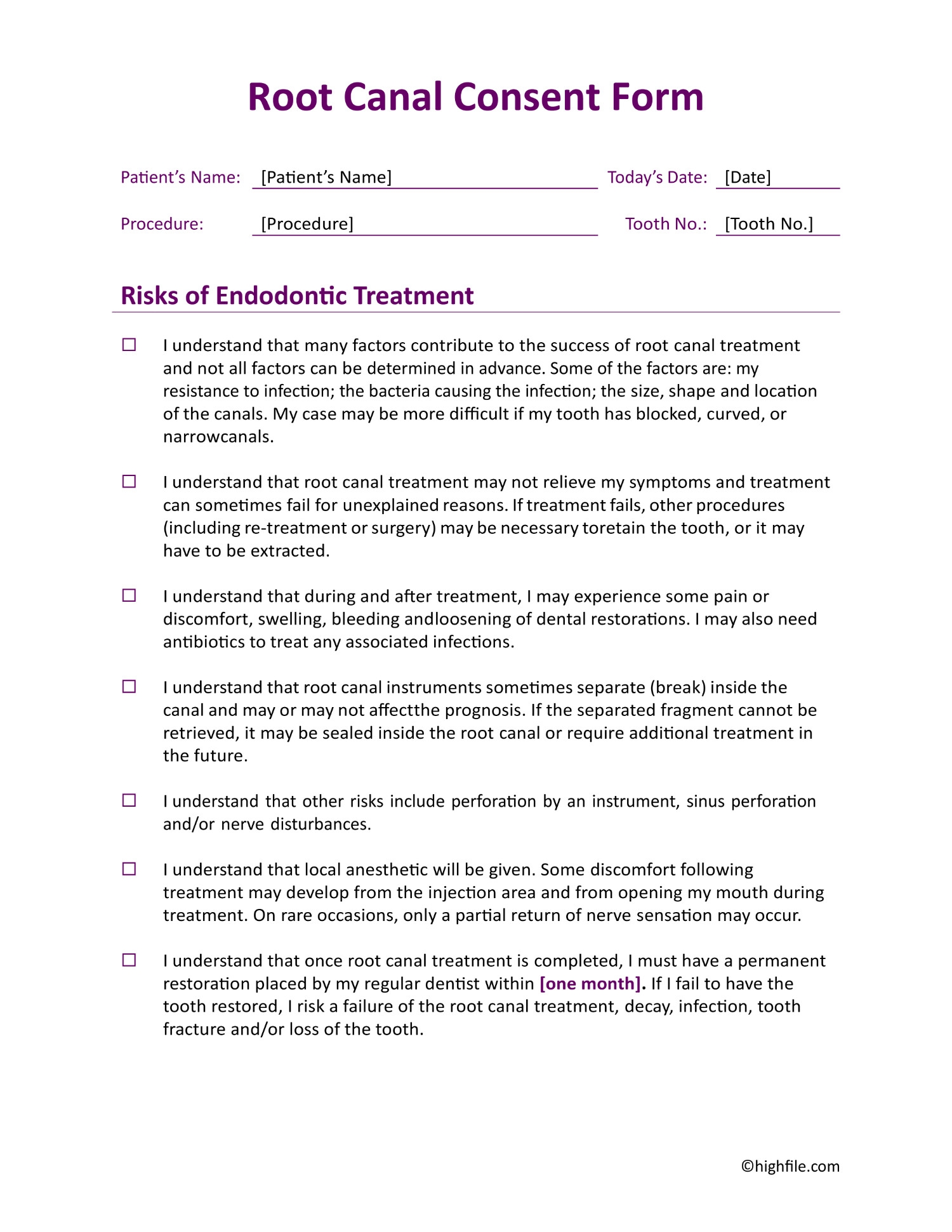 Root Canal Consent Form Word PDF Google Docs Highfile