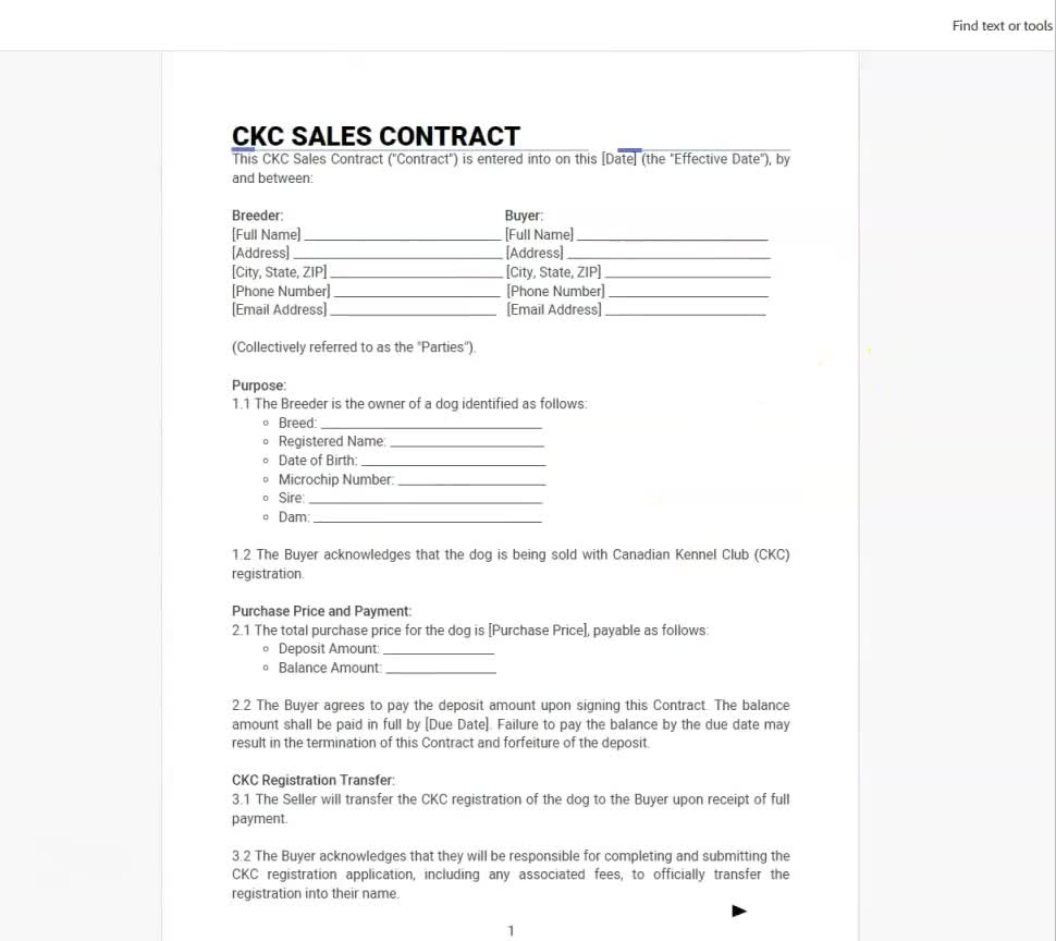 Sales Contract CKC Puppy Agreement Of Sale Purchase And Sale Agreement For Breeders And New Owners