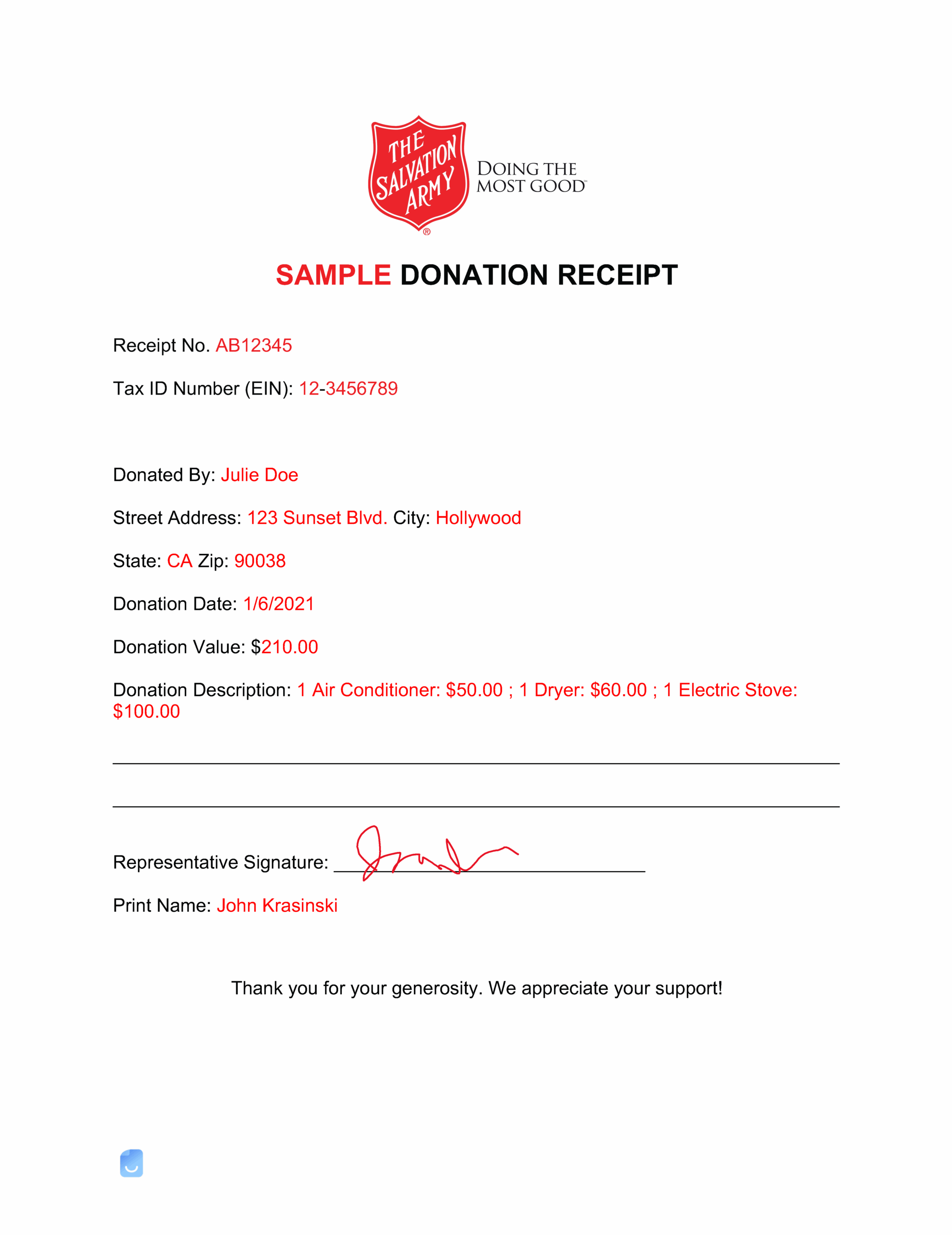 Salvation Army Donation Receipt Template Invoice Maker