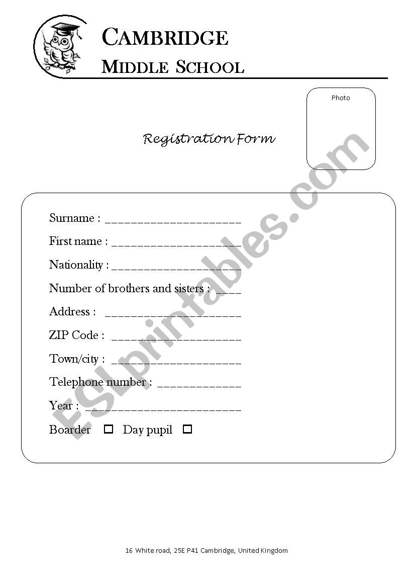 School Registration Form ESL Worksheet By Karotu