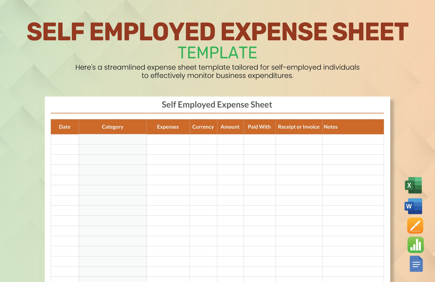 Self Employed Expense Sheet Template In Word Apple Pages Apple Numbers Excel Google Docs Download Template