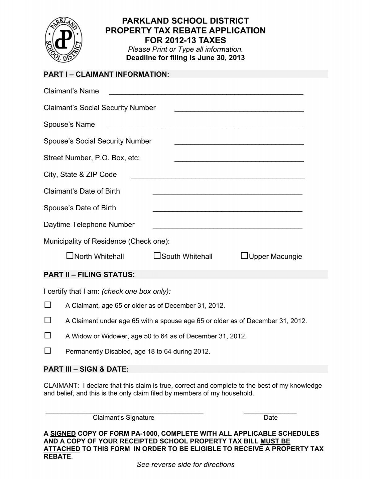 Senior Citizen Tax Rebate Form Parkland School District Senior Citizen Tax Rebate Form Parkland School District