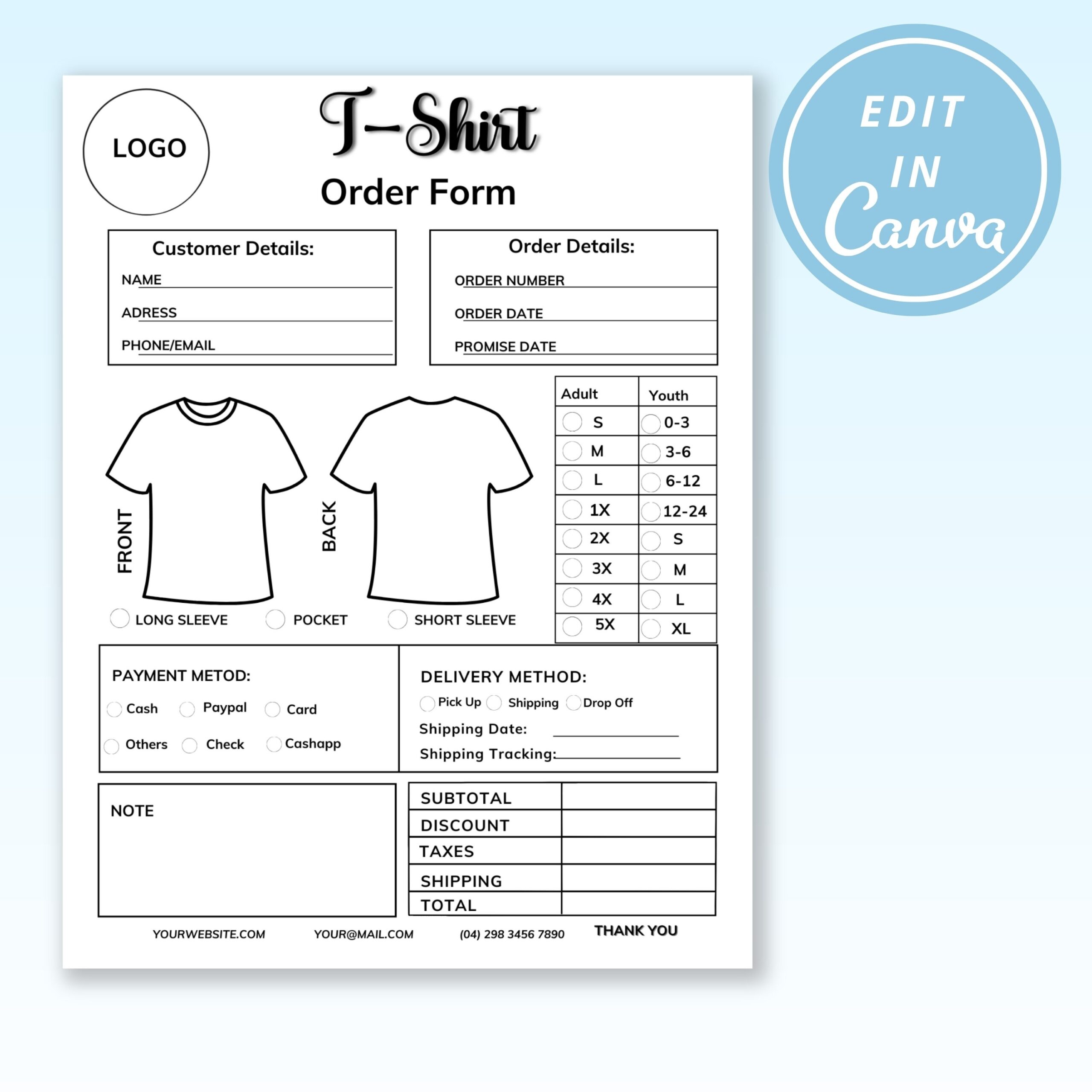 Shirt Order Form I Order Form Template I Custom Hoodie Canva 