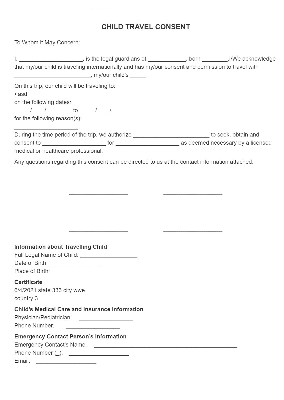 SignSimpli Child Travel Consent Form