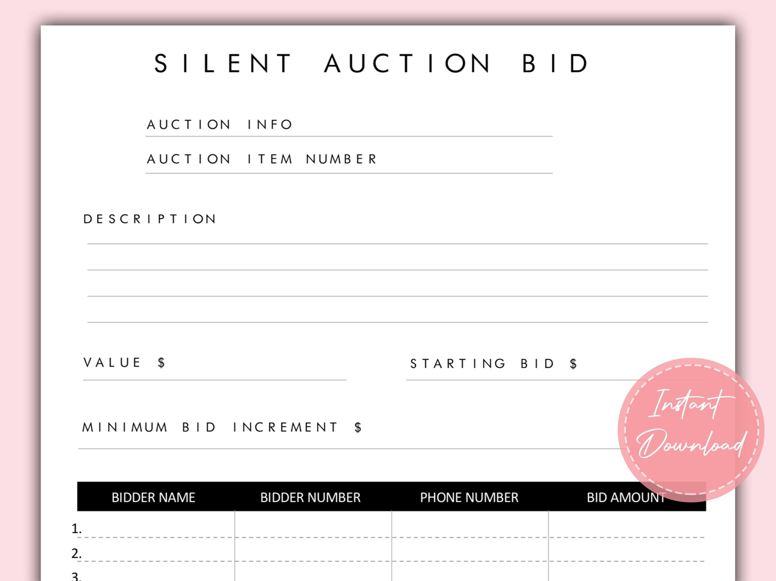 Silent Auction Bid Sheet Printable Fundraiser Event Bidding Form Silent Auction Bundle PDF Instant Download US Letter Etsy Australia