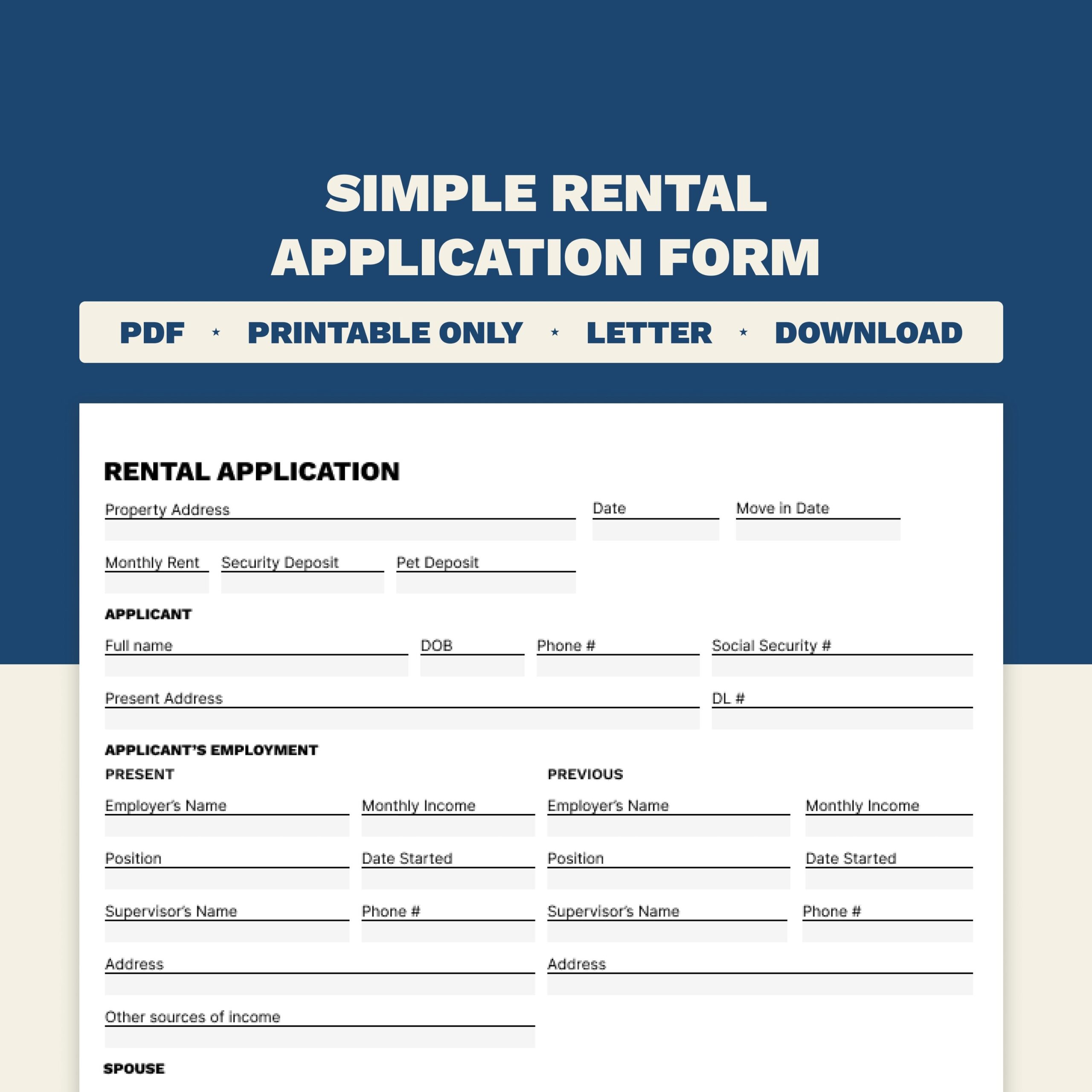 Simple Rental Application Form 2 Page Printable PDF Etsy