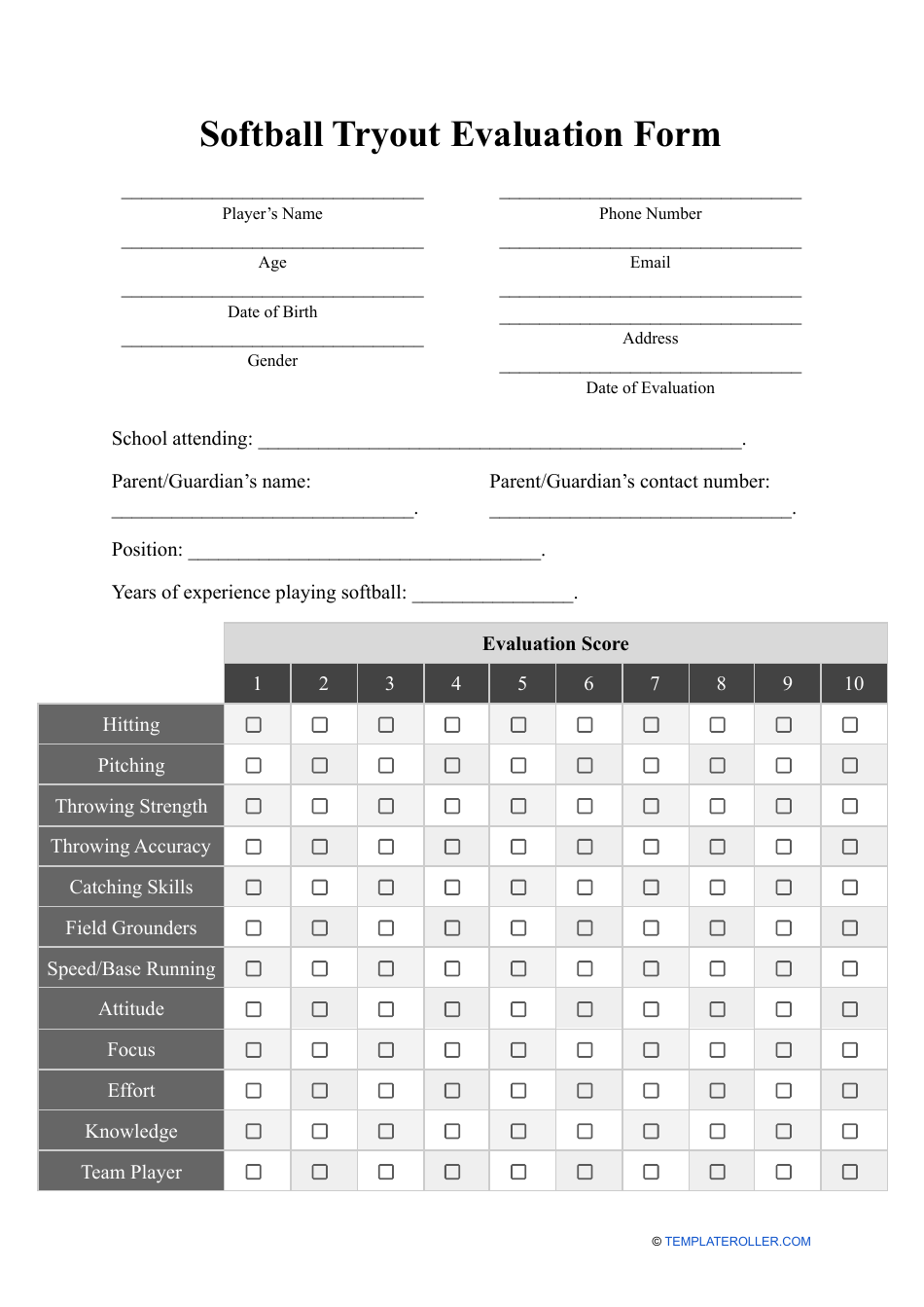 Softball Tryout Evaluation Form Fill Out Sign Online And Download PDF Templateroller