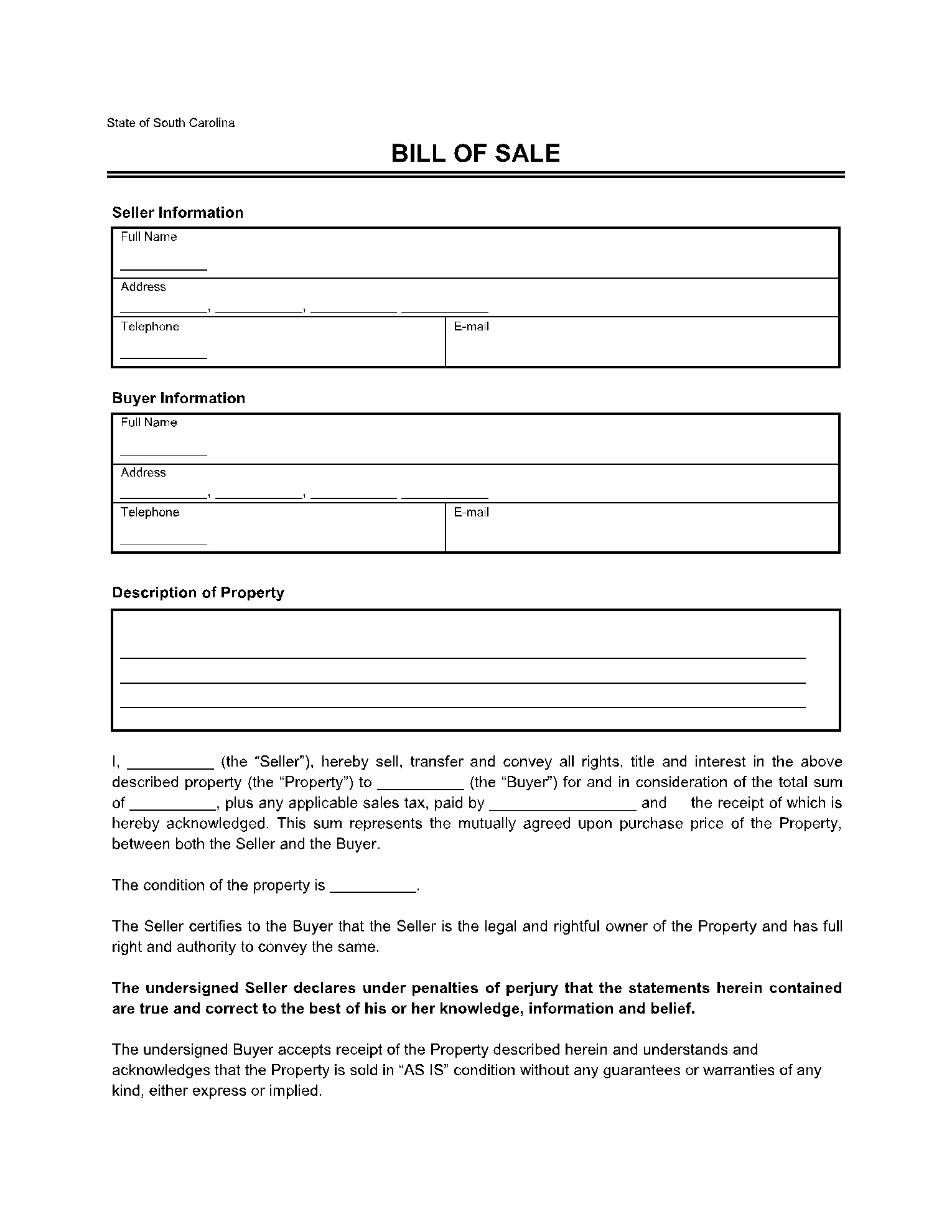 South Carolina Bill Of Sale Template 100 Free CocoSign