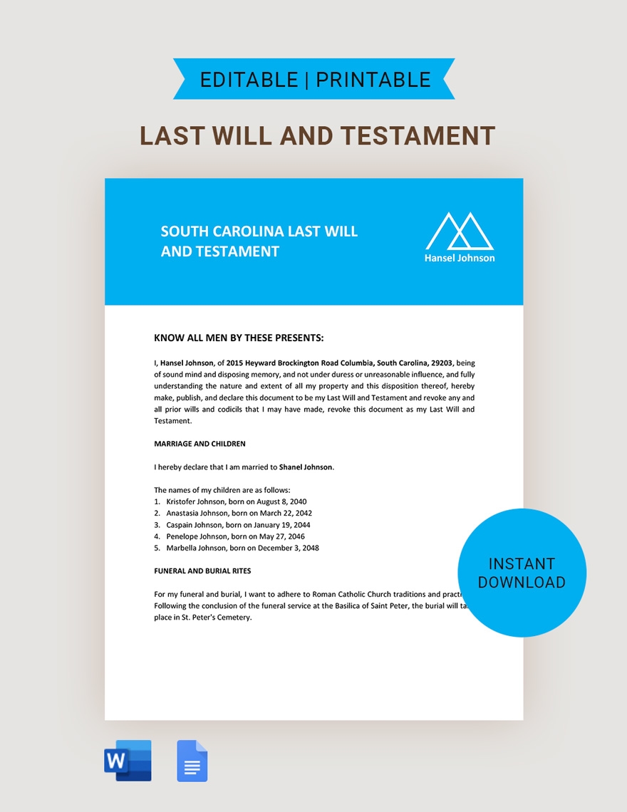 South Carolina Last Will And Testament Template In Google Docs Word Download Template