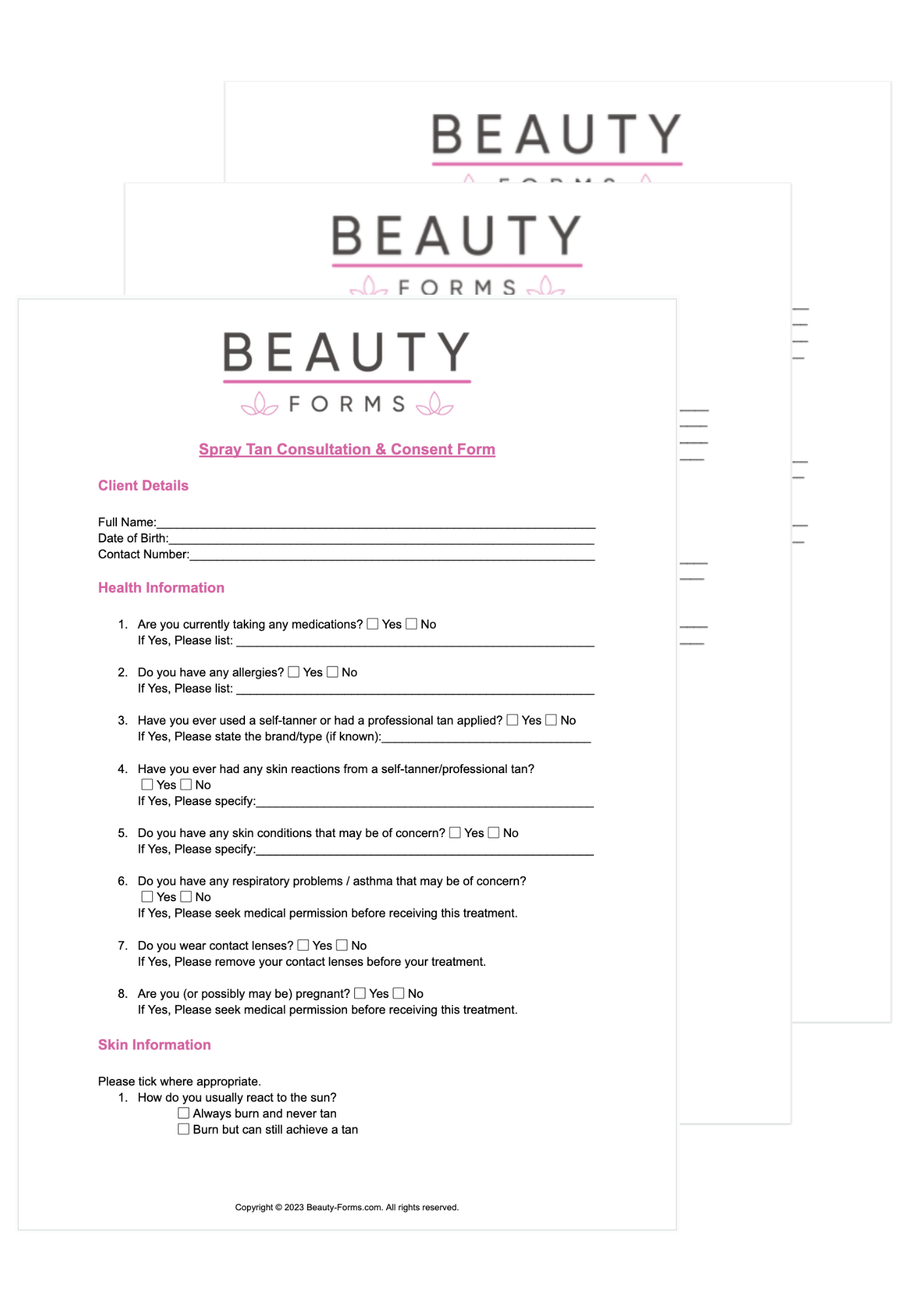Spray Tan Consultation PDF Printable PDF Download